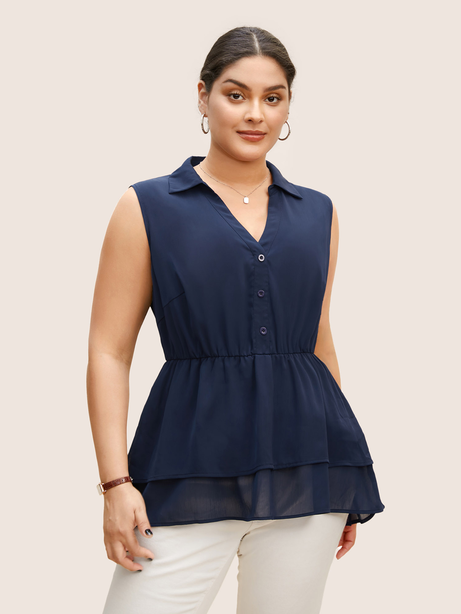 

Plus Size Indigo Shirt Collar Button Detail Sleeveless Tiered Hem Blouse Women At the Office Sleeveless Shirt collar Work Blouses BloomChic