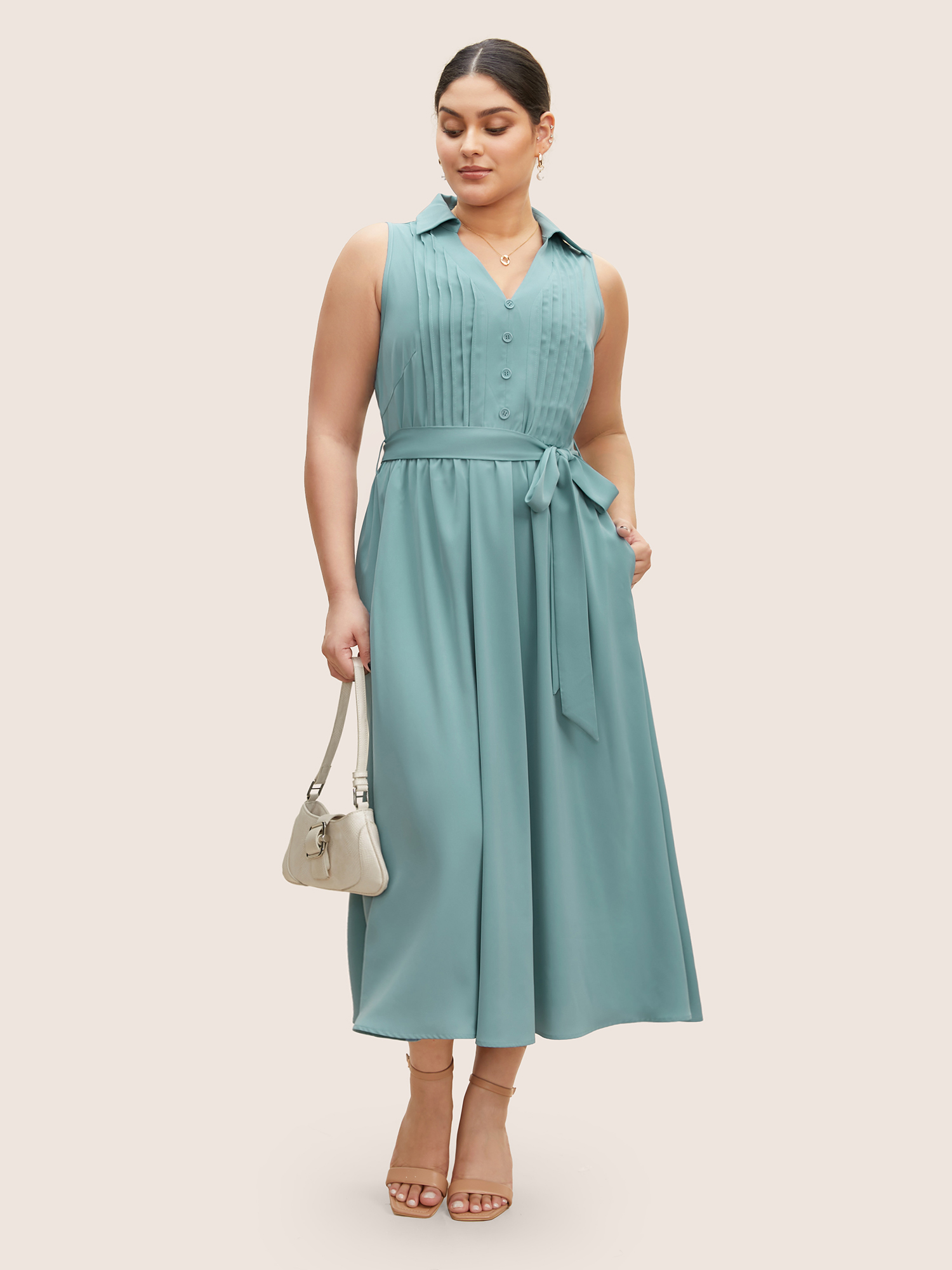 

Plus Size Plain Button Detail Belted Pleated Sleeveless Dress Stone Women Belted Shirt collar Sleeveless Curvy BloomChic