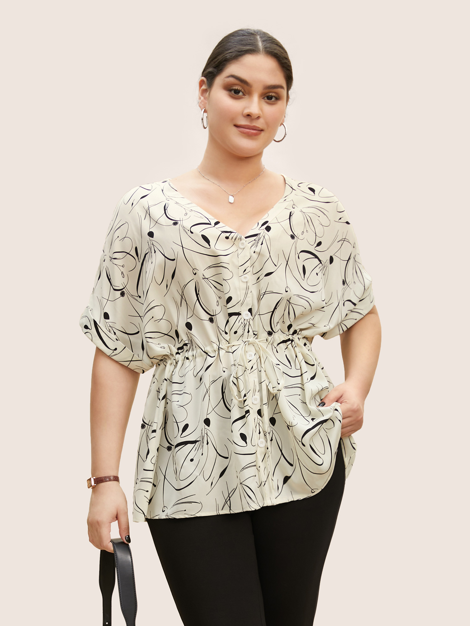 

Plus Size Ivory Geometric Print Drawstring Cuffed Sleeve Blouse Women Work From Home Short sleeve V-neck Work Blouses BloomChic