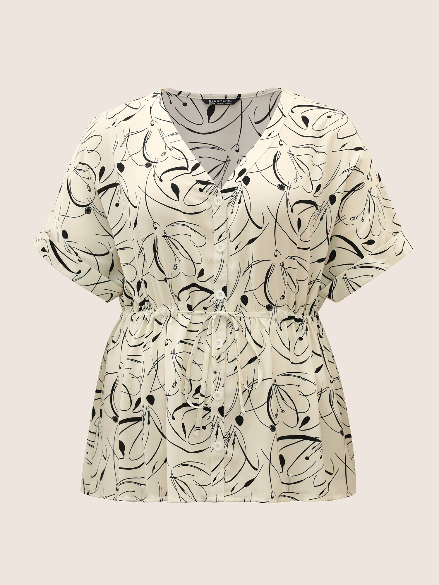 

Plus Size Ivory Geometric Print Drawstring Cuffed Sleeve Blouse Women Work From Home Short sleeve V-neck Work Blouses BloomChic