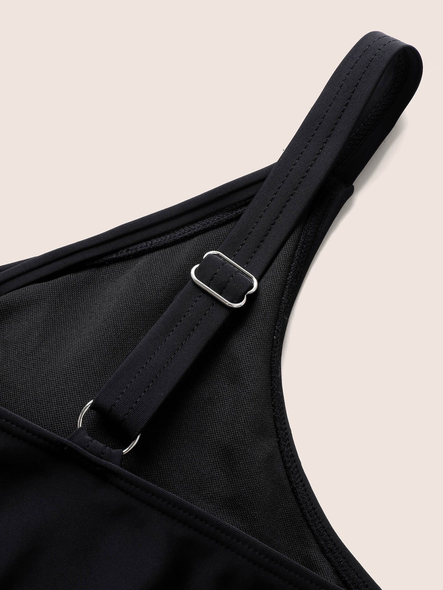 Plus Size Solid Cut Out Adjustable Straps Swim Top Women`s Swimwear Black Beach Non High stretch Skinny Overlap Collar Curve Swim Tops BloomChic 12/L 