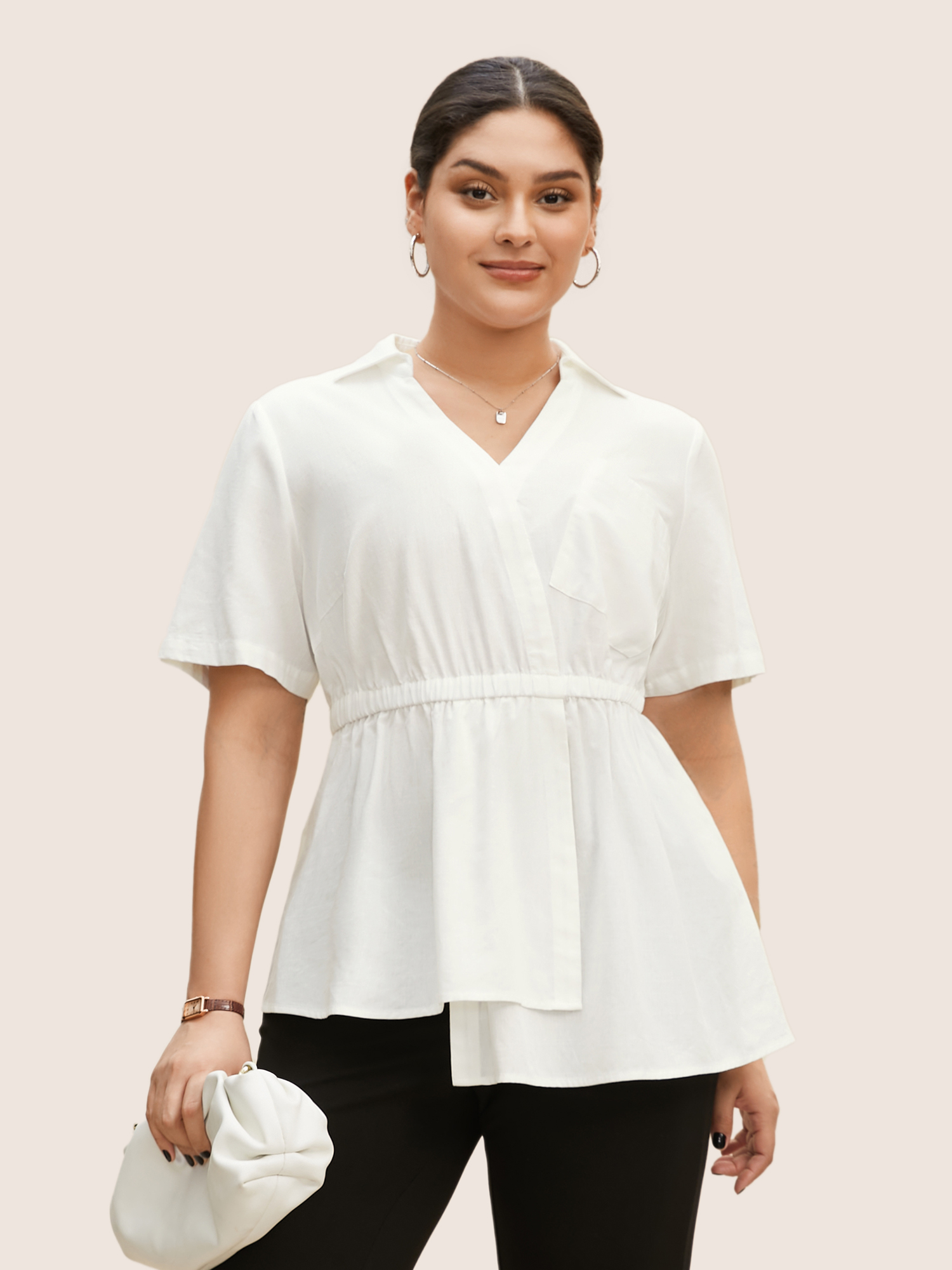 

Plus Size Ivory Shirt Collar Elastic Waist Asymmetrical Hem Blouse Women At the Office Short sleeve Shirt collar Work Blouses BloomChic