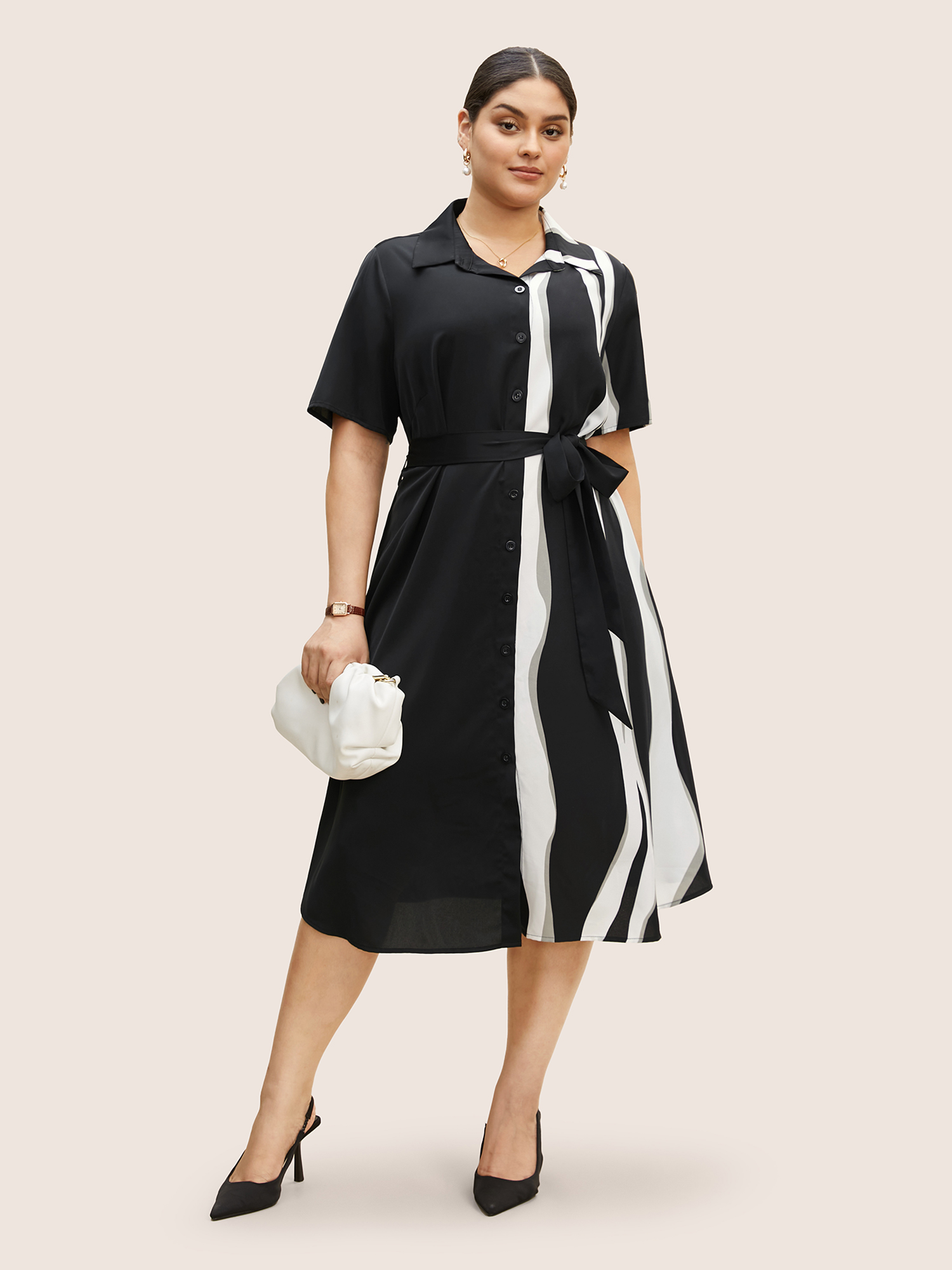 

Plus Size Shirt Collar Striped Contrast Belted Midi Dress Black Women At the Office Belted Shirt collar Short sleeve Curvy BloomChic