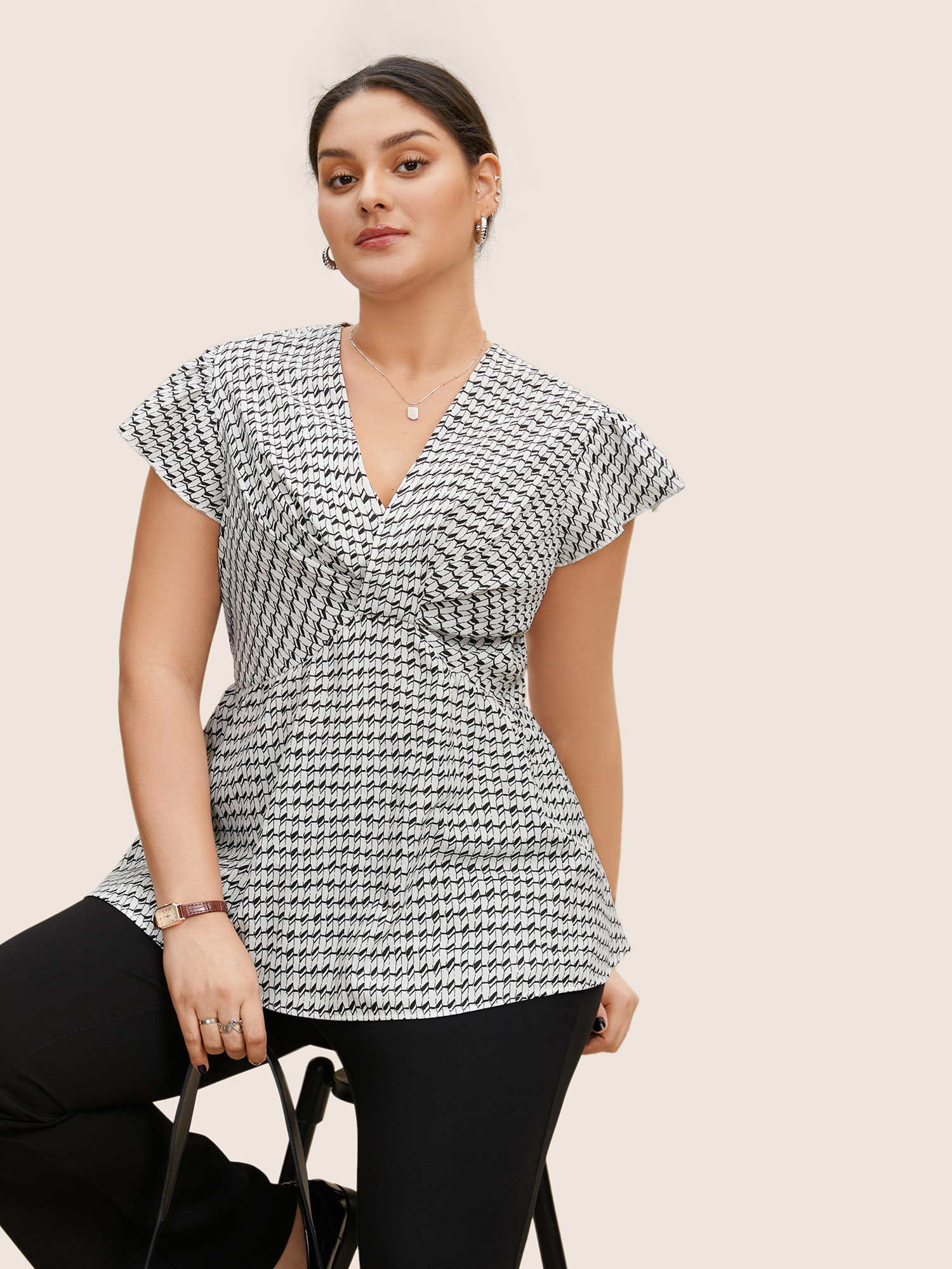 

Plus Size Ivory Geometric Wrap Flutter Cap Sleeve Blouse Women At the Office Cap Sleeve V-neck Work Blouses BloomChic