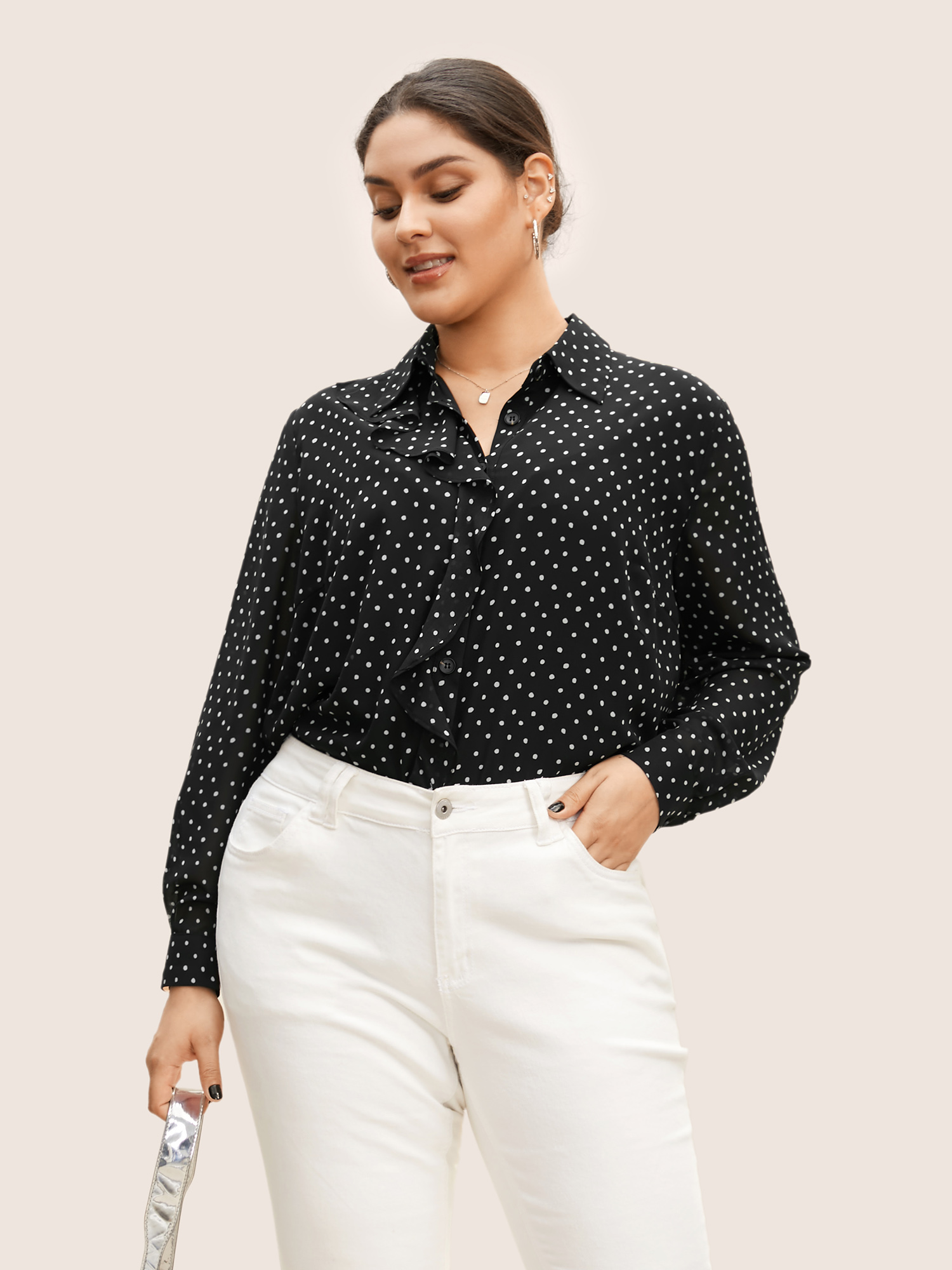 

Plus Size Black Polka Dot Shirt Collar Ruffle Trim Chiffon Blouse Women At the Office Long Sleeve Shirt collar Work Blouses BloomChic