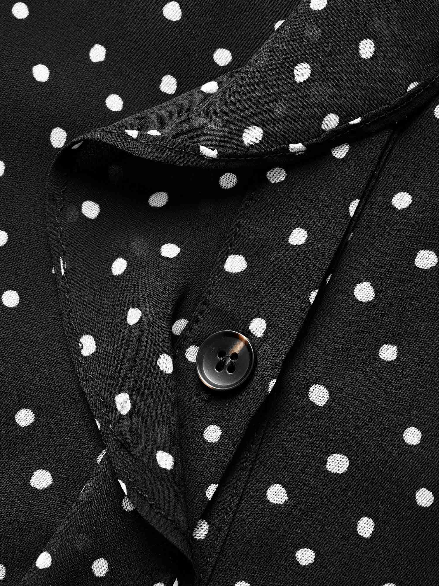 

Plus Size Polka Dot Shirt Collar Ruffle Trim Chiffon Blouse Black Long Sleeve Shirt collar At the Office Shirts