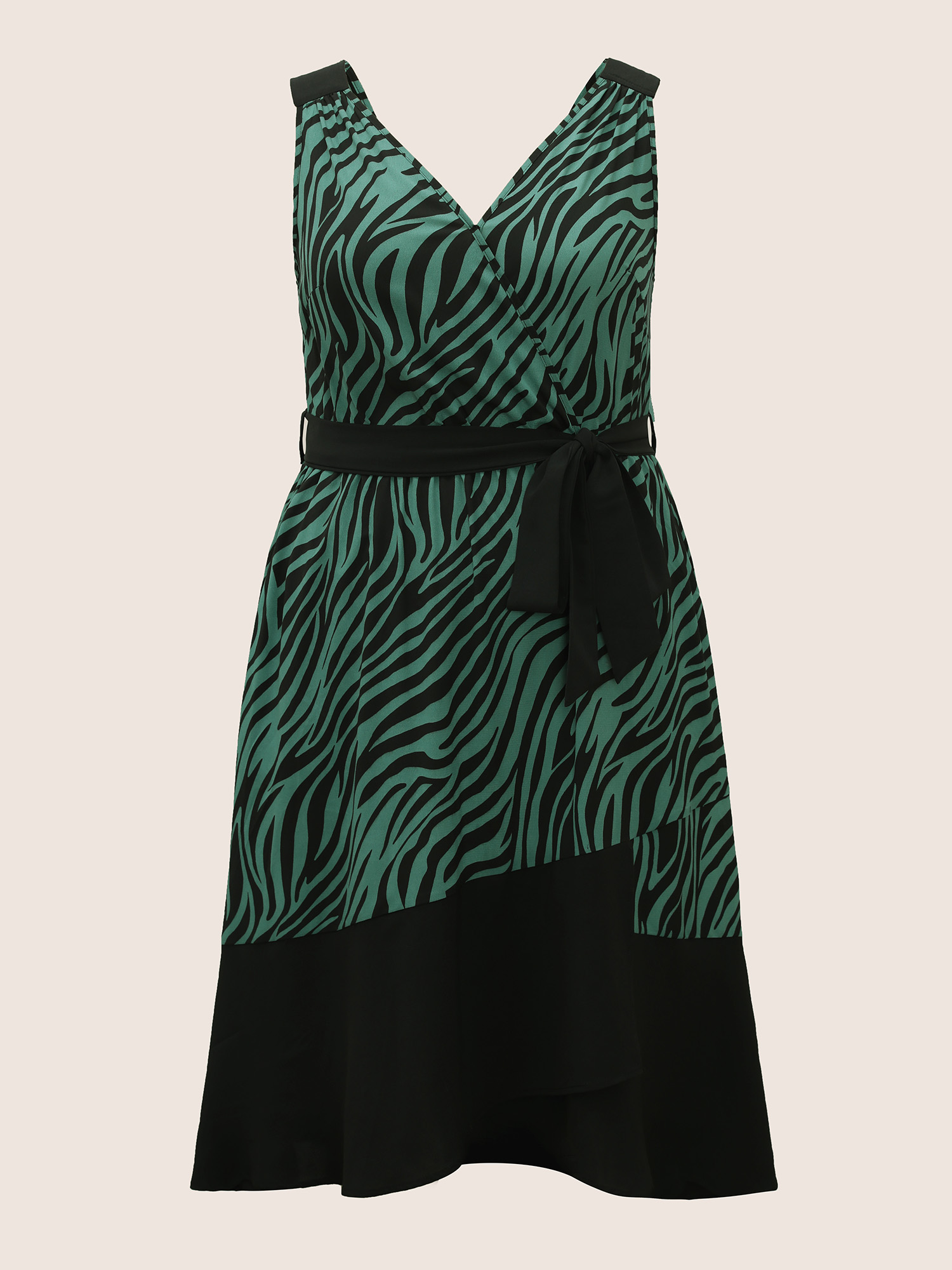 

Plus Size Zebra Print Wrap Belted Tank Dress Emerald Women Belted V-neck Sleeveless Curvy BloomChic