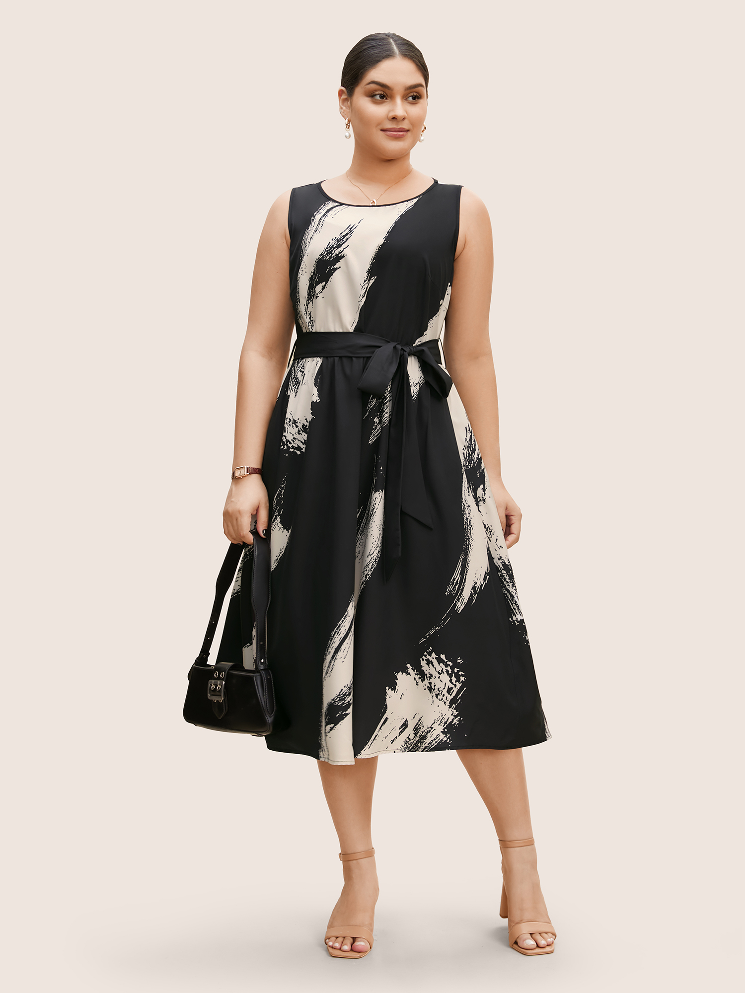 

Plus Size Marble Print Sleeveless Belted Midi Dress Black Women Belted Round Neck Sleeveless Curvy BloomChic