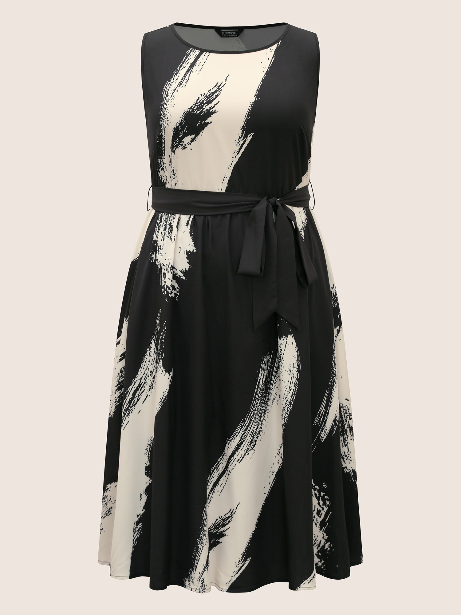 

Plus Size Marble Print Sleeveless Belted Midi Dress Black Women At the Office Belted Round Neck Sleeveless Curvy BloomChic