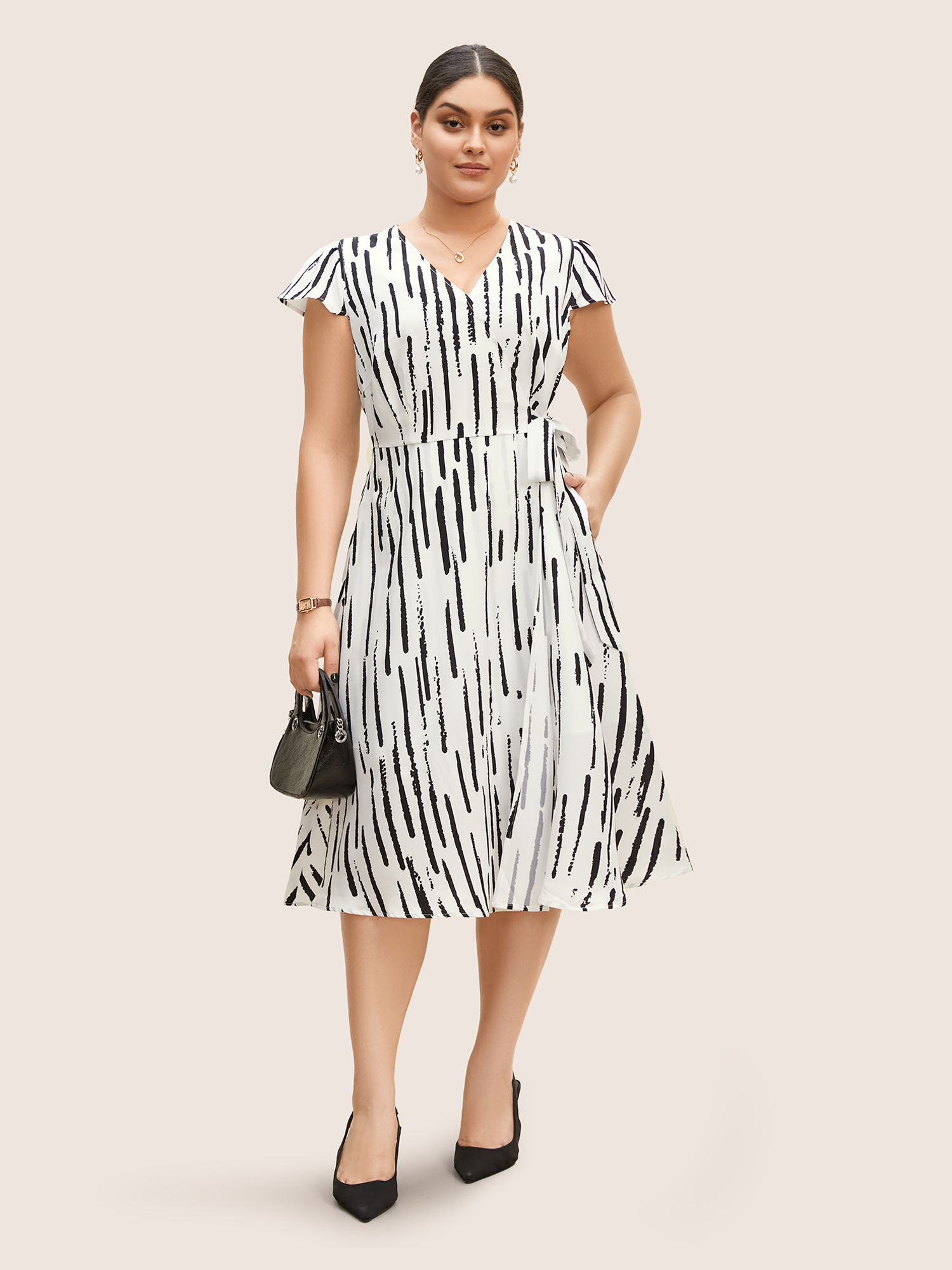 

Plus Size Striped Wrap Tie Knot Cap Sleeve Midi Dress Originalwhite Women Tie knot V-neck Cap Sleeve Curvy BloomChic