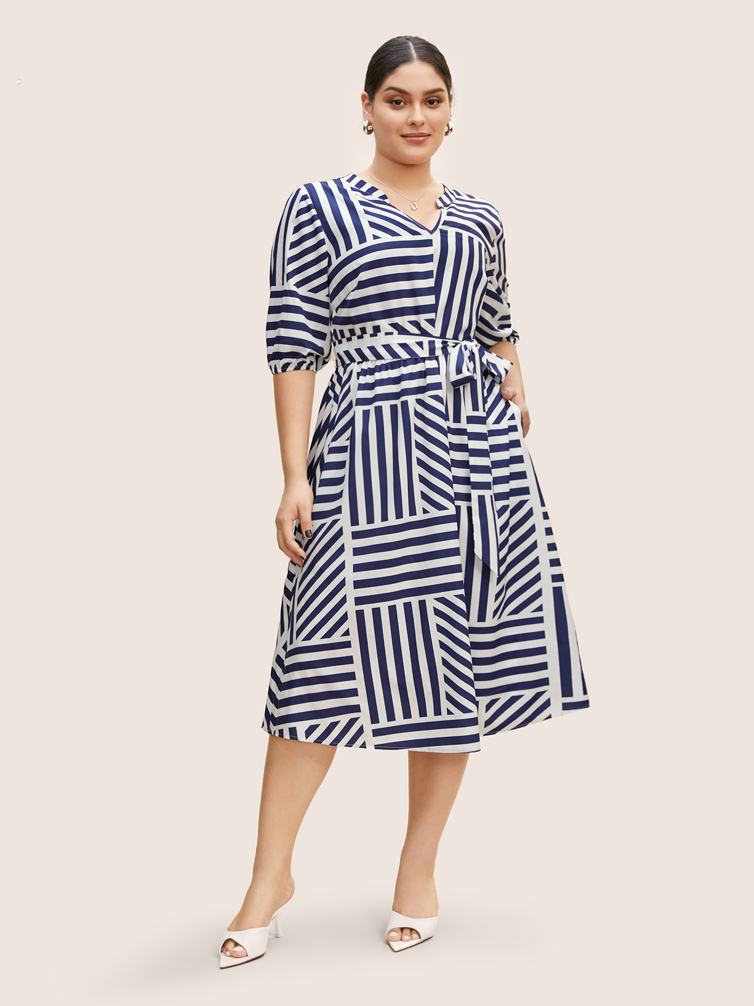 

Plus Size Striped Notched Collar Belted Midi Dress DarkBlue Women Belted Notched collar Half Sleeve Curvy BloomChic