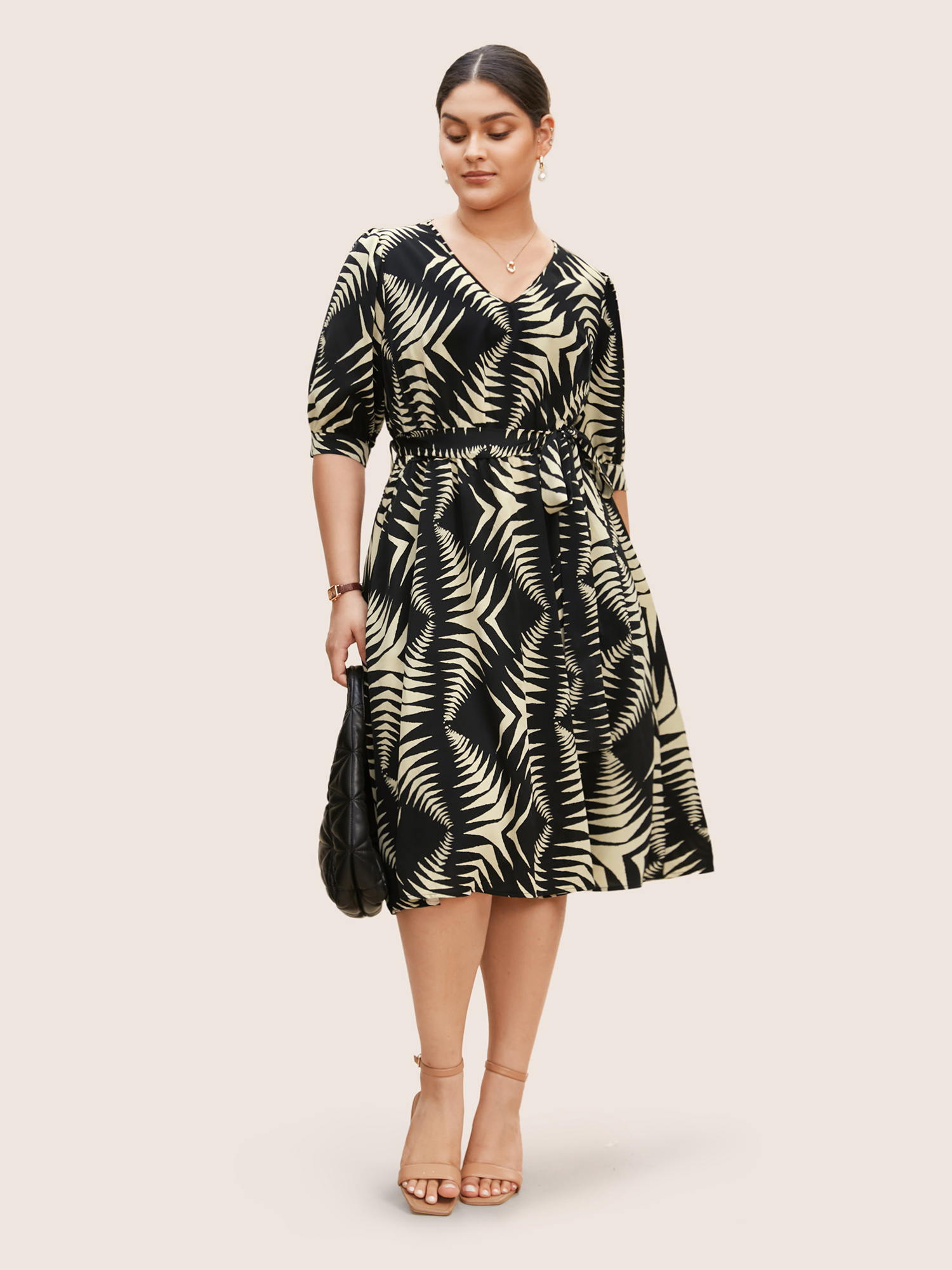 

Plus Size V Neck Geometric Belted Lantern Sleeve Dress Black Women Belted V-neck Half Sleeve Curvy BloomChic