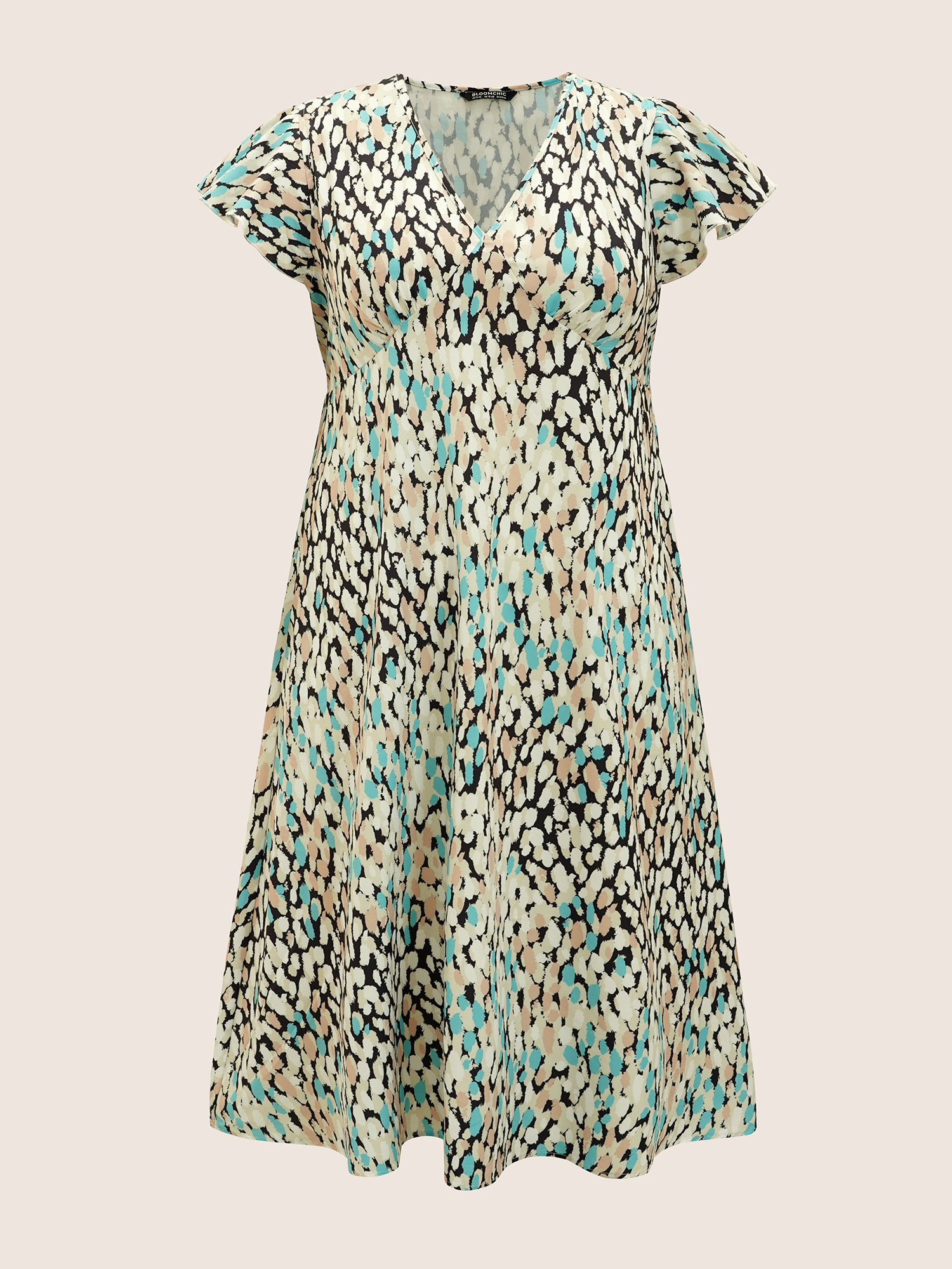 Plus Size V Neck Allover Print Ruffle Cap Sleeve Dress LightBlue Women Ruffles V-neck Cap Sleeve Curvy BloomChic 18-20/2X 