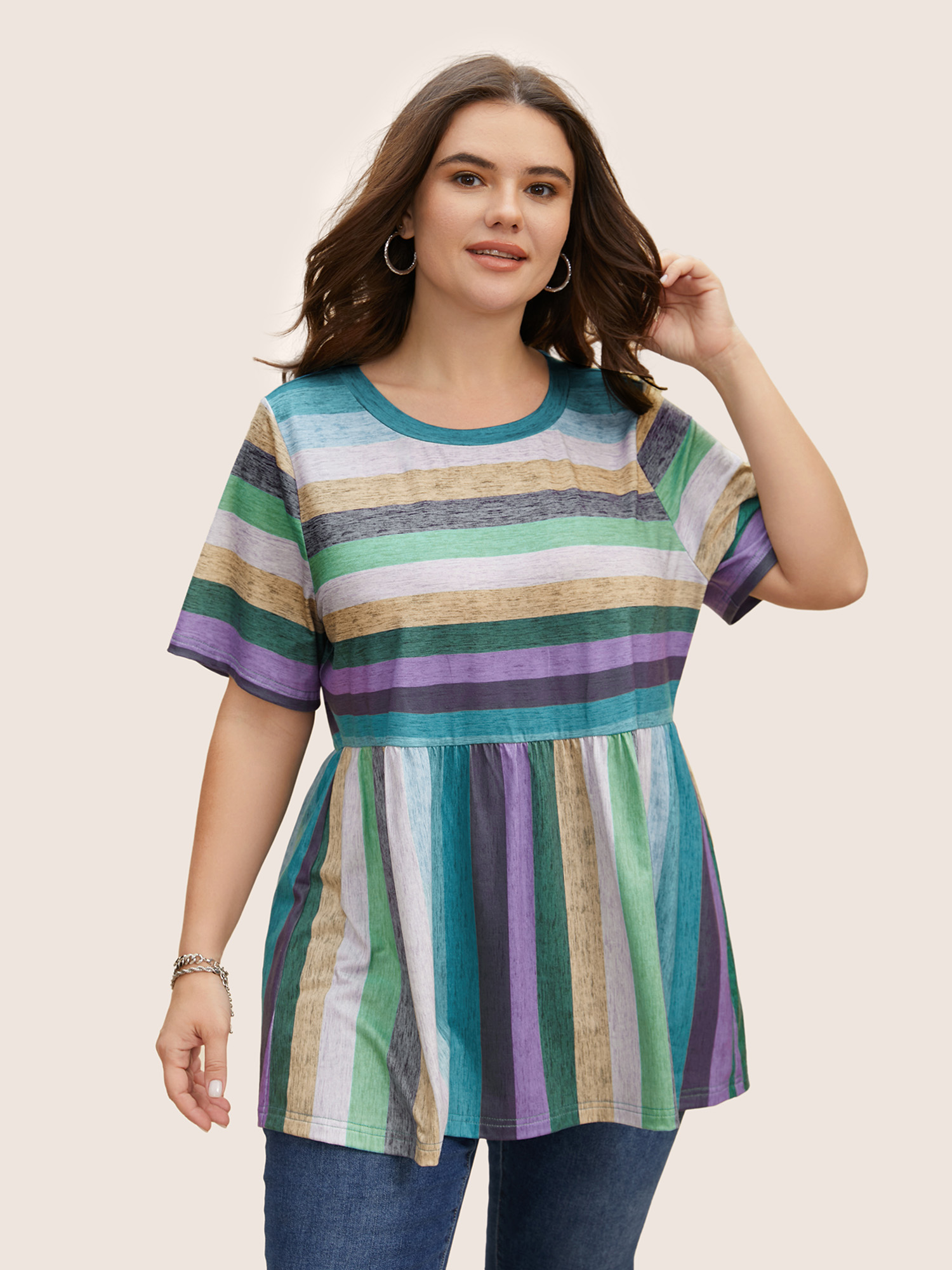 

Plus Size Color Striped Crew Neck Gathered T-shirt Teal Women Resort Contrast Round Neck Vacation T-shirts BloomChic