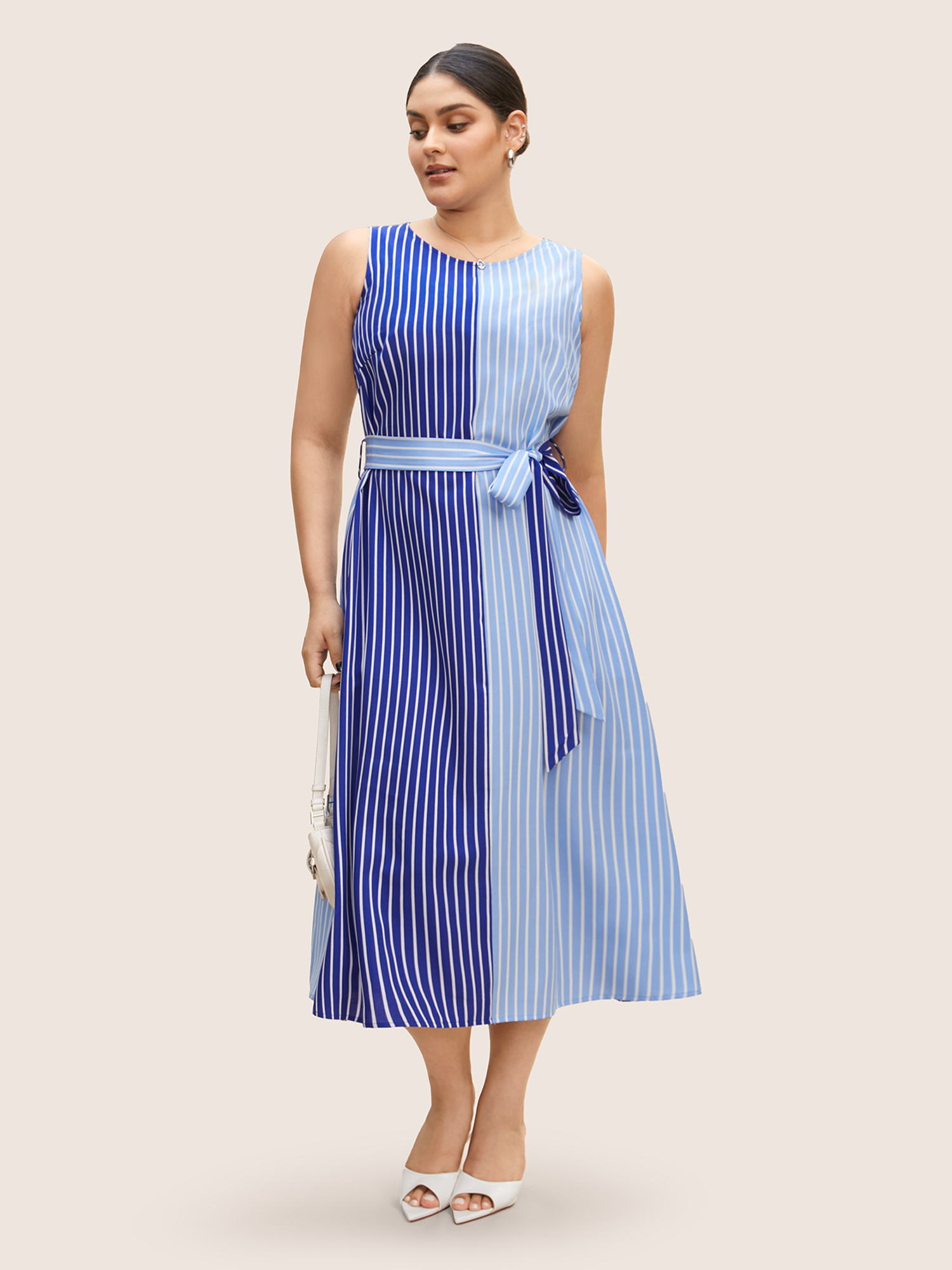 

Plus Size Contrast Striped Sleeveless Belted Midi Dress Skyblue Women Belted Round Neck Sleeveless Curvy BloomChic