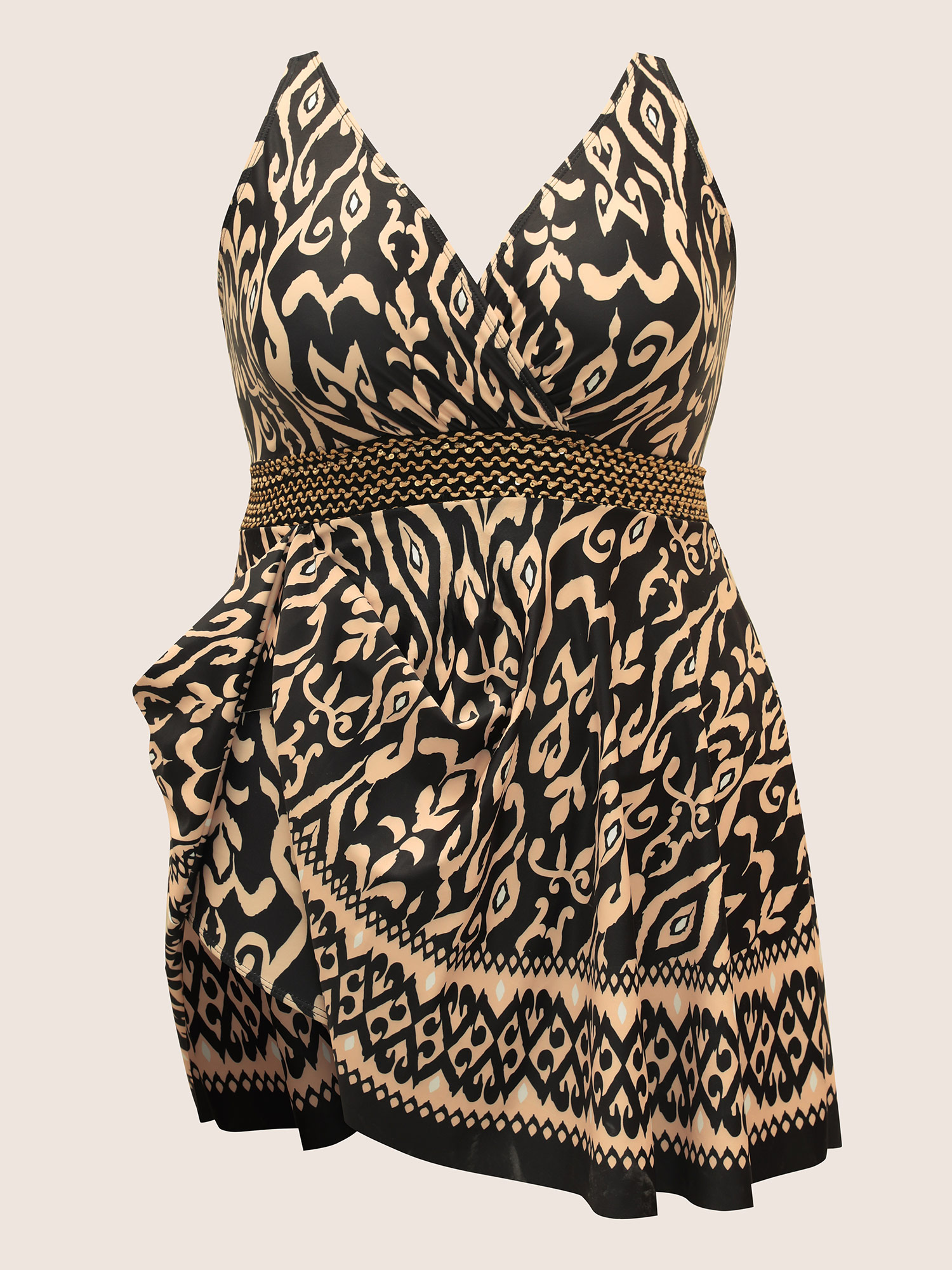Plus Size Boho Print Overlap Collar Woven Ribbon Swim Dress Women`s Swimwear Black Beach Bodycon Overlap Collar High stretch Curve Swim Dresses BloomChic 14-16/1X 