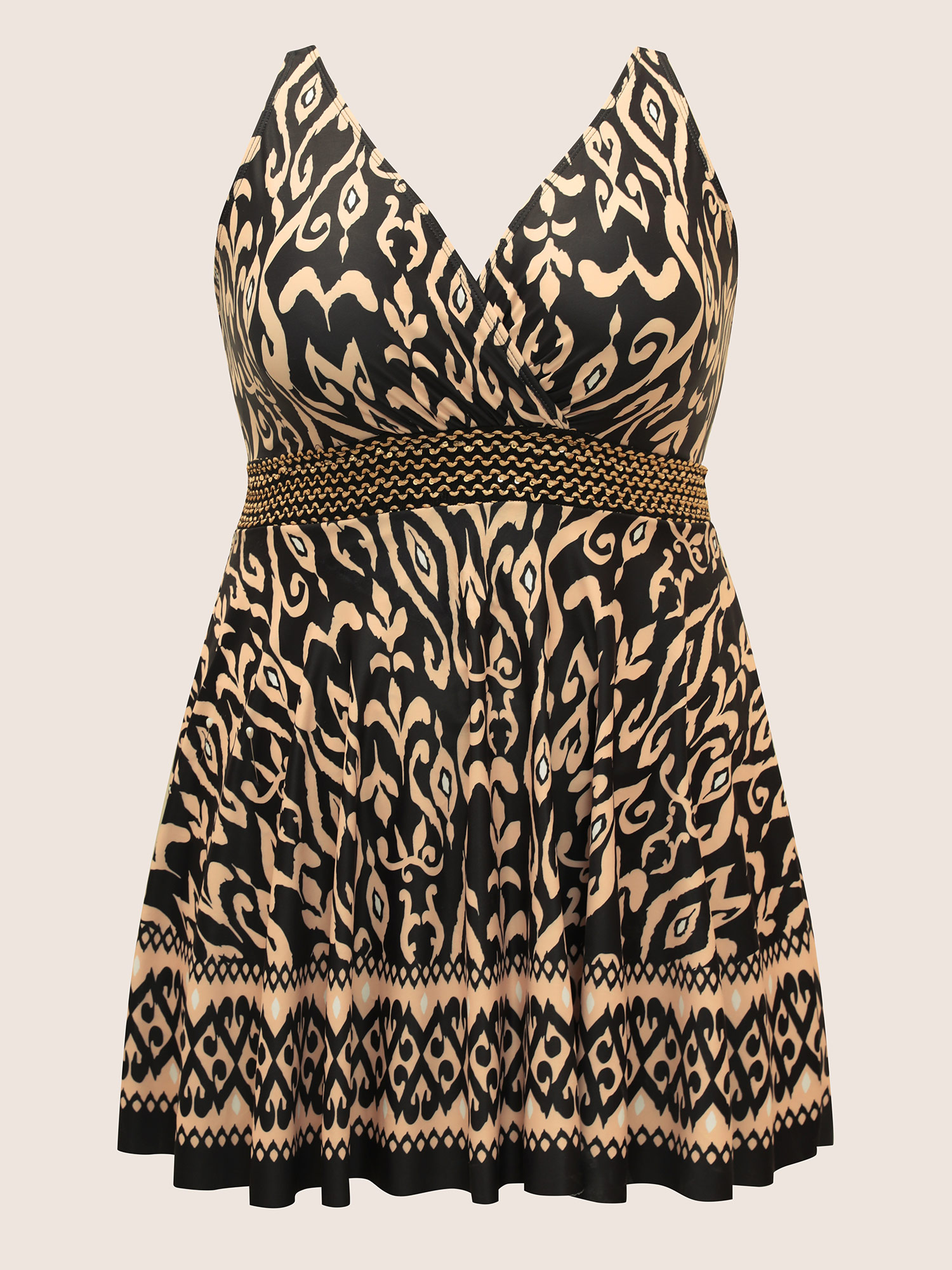 Plus Size Boho Print Overlap Collar Woven Ribbon Swim Dress Women`s Swimwear Black Beach Bodycon Overlap Collar High stretch Curve Swim Dresses BloomChic 14-16/1X 