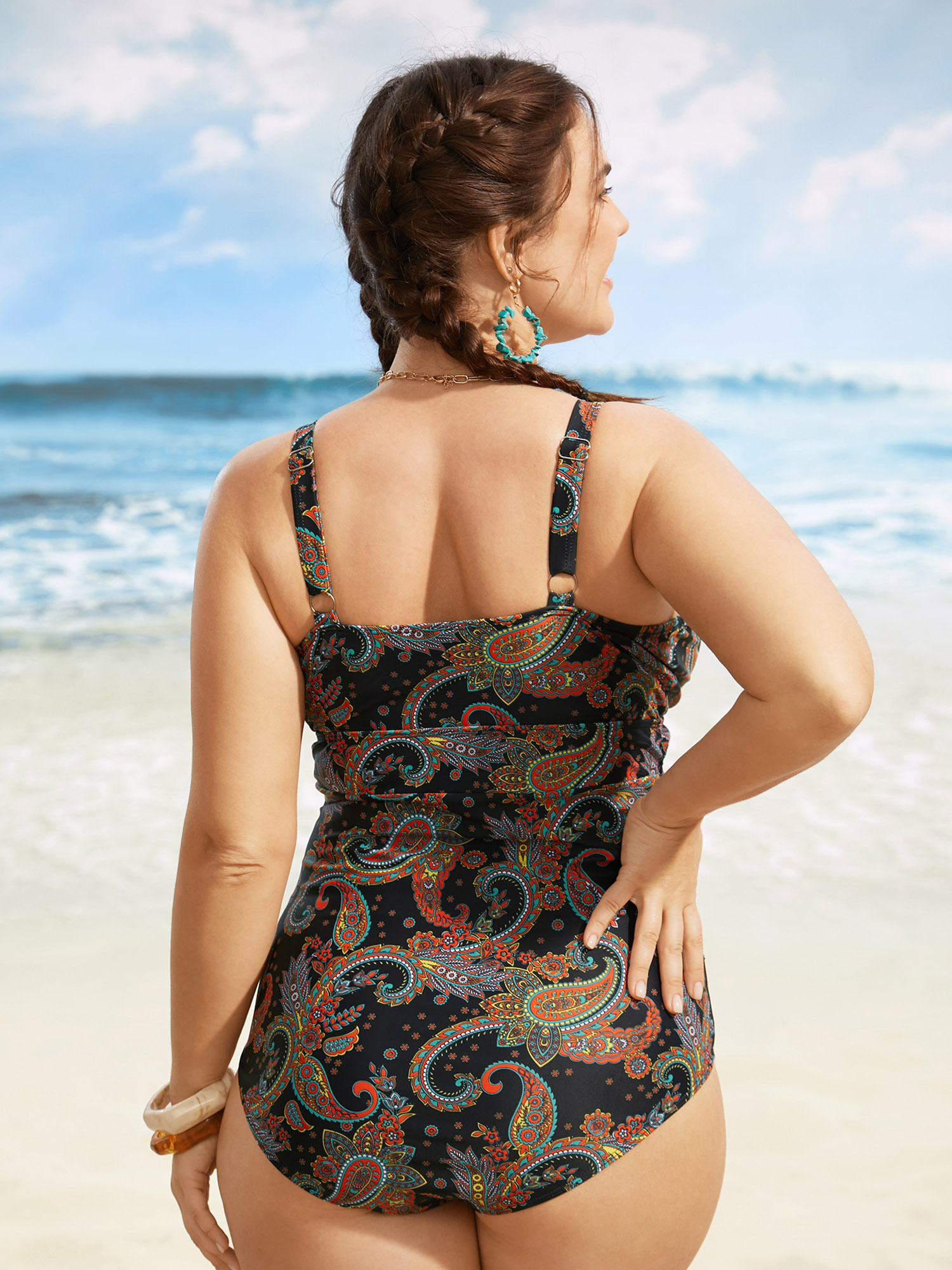 

Plus Size Paisley Print Overlap Collar Ruched One Piece Swimsuit Women's Swimwear Black Beach Gathered Curve Bathing Suits High stretch One Pieces BloomChic