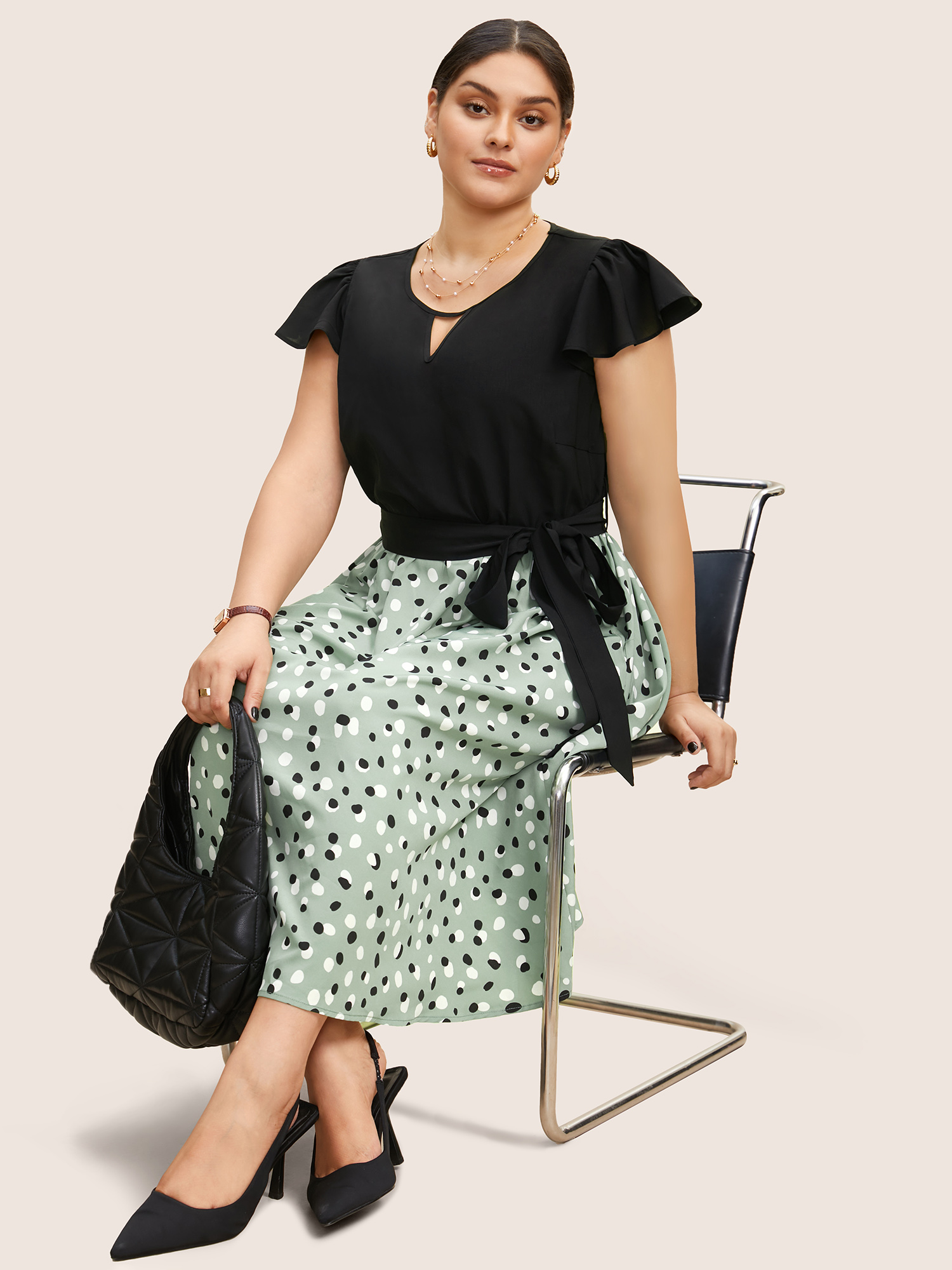 

Plus Size Polka Dot Contrast Patchwork Keyhole Dress Palemauve Women At the Office Contrast Round Neck Cap Sleeve Curvy BloomChic