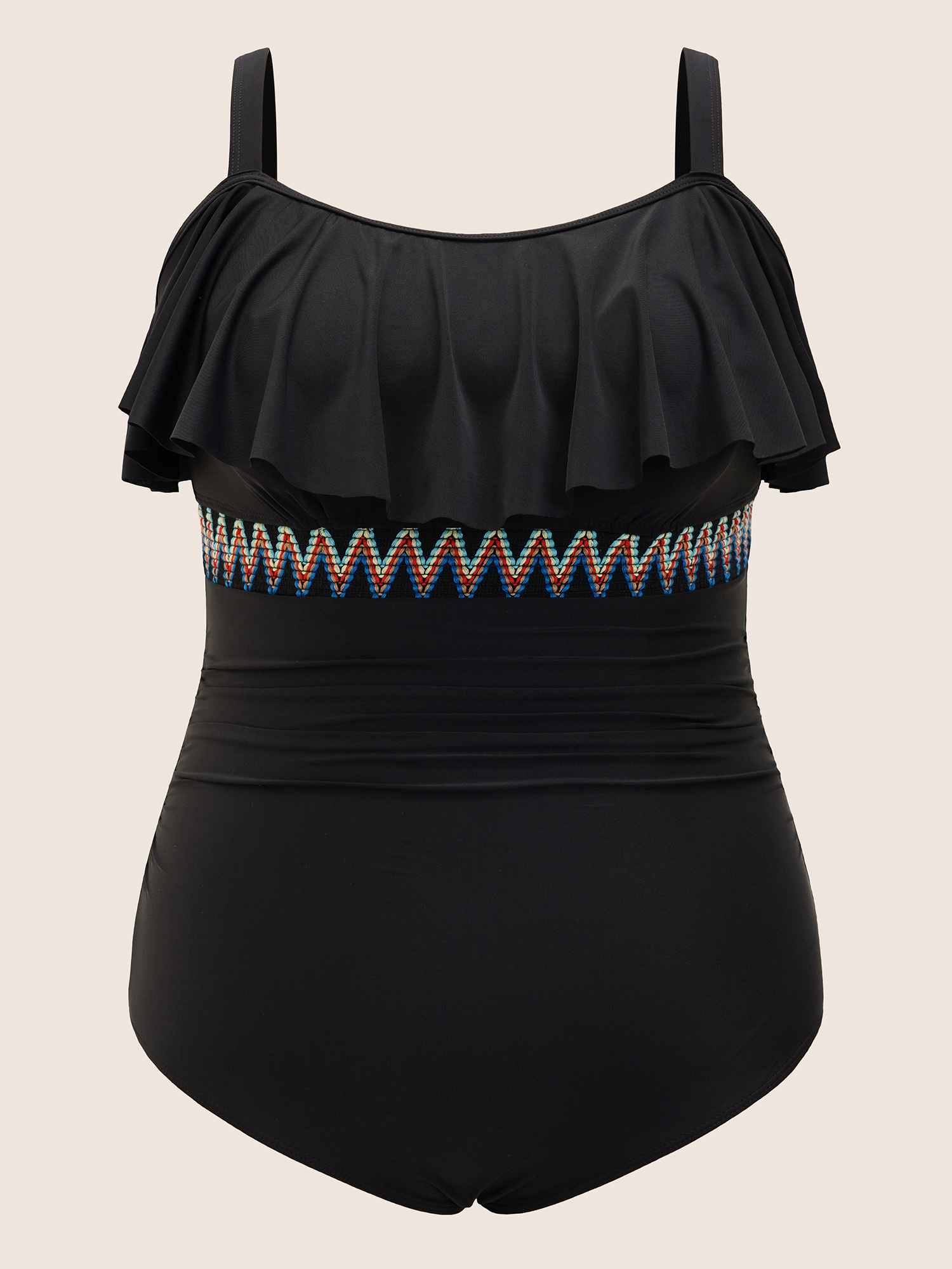 Plus Size Woven Ribbon Gathered Ruffle Trim One Piece Swimsuit Women`s Swimwear Black Beach Woven ribbon&lace trim Curve Bathing Suits High stretch One Pieces BloomChic 26/4X 
