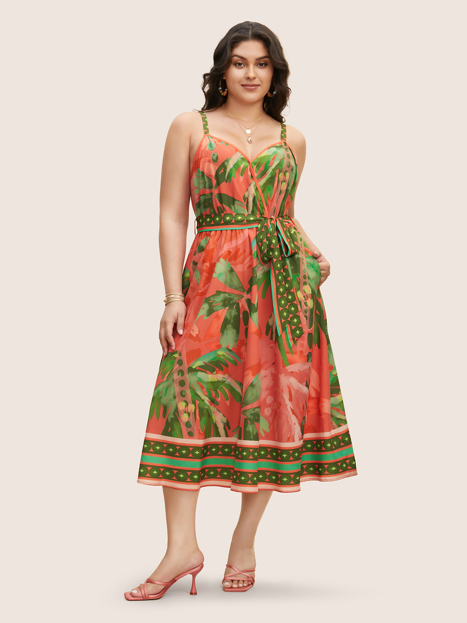 

Plus Size Tropical Print Overlap Collar Belted Cami Dress Salmon Women Belted Overlap Collar Sleeveless Curvy BloomChic