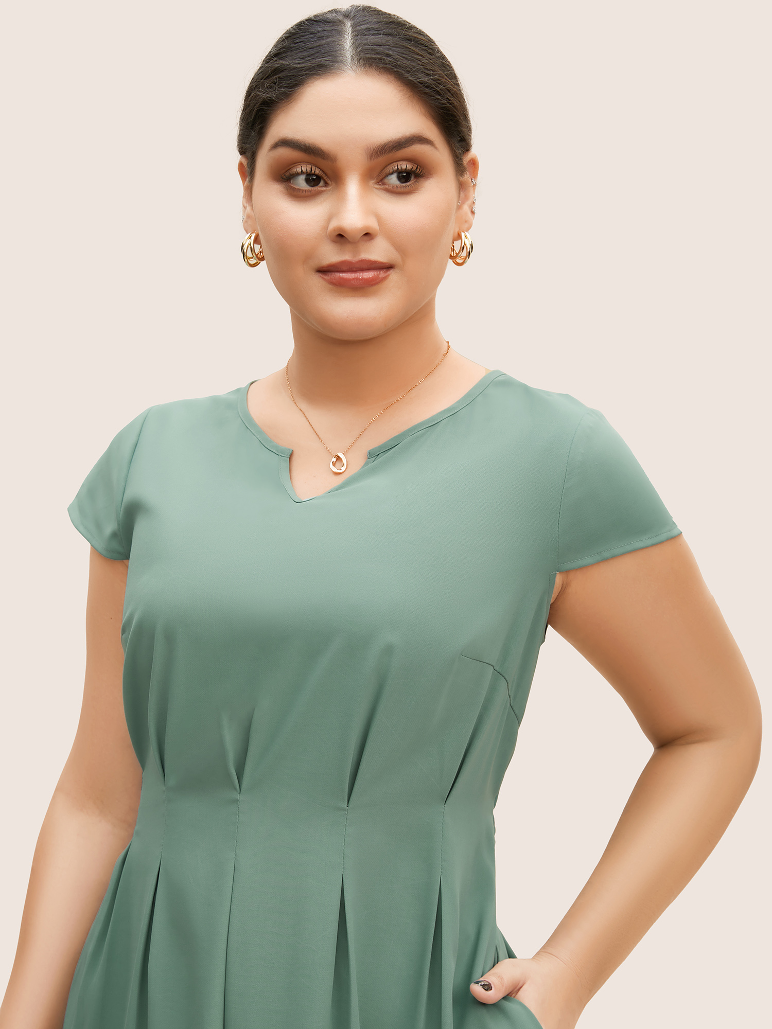 

Plus Size Notched Collar Shirred Pleated Cap Sleeve Dress Emerald Women Work From Home Pleated Notched collar Cap Sleeve Curvy BloomChic