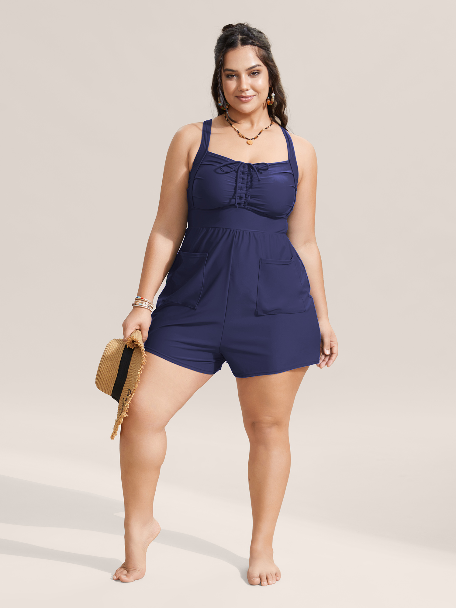 Plus Size Plain Patched Pocket Drawstring One Piece Swimsuit Women`s Swimwear Indigo Beach Gathered Curve Bathing Suits High stretch One Pieces BloomChic 10/M 