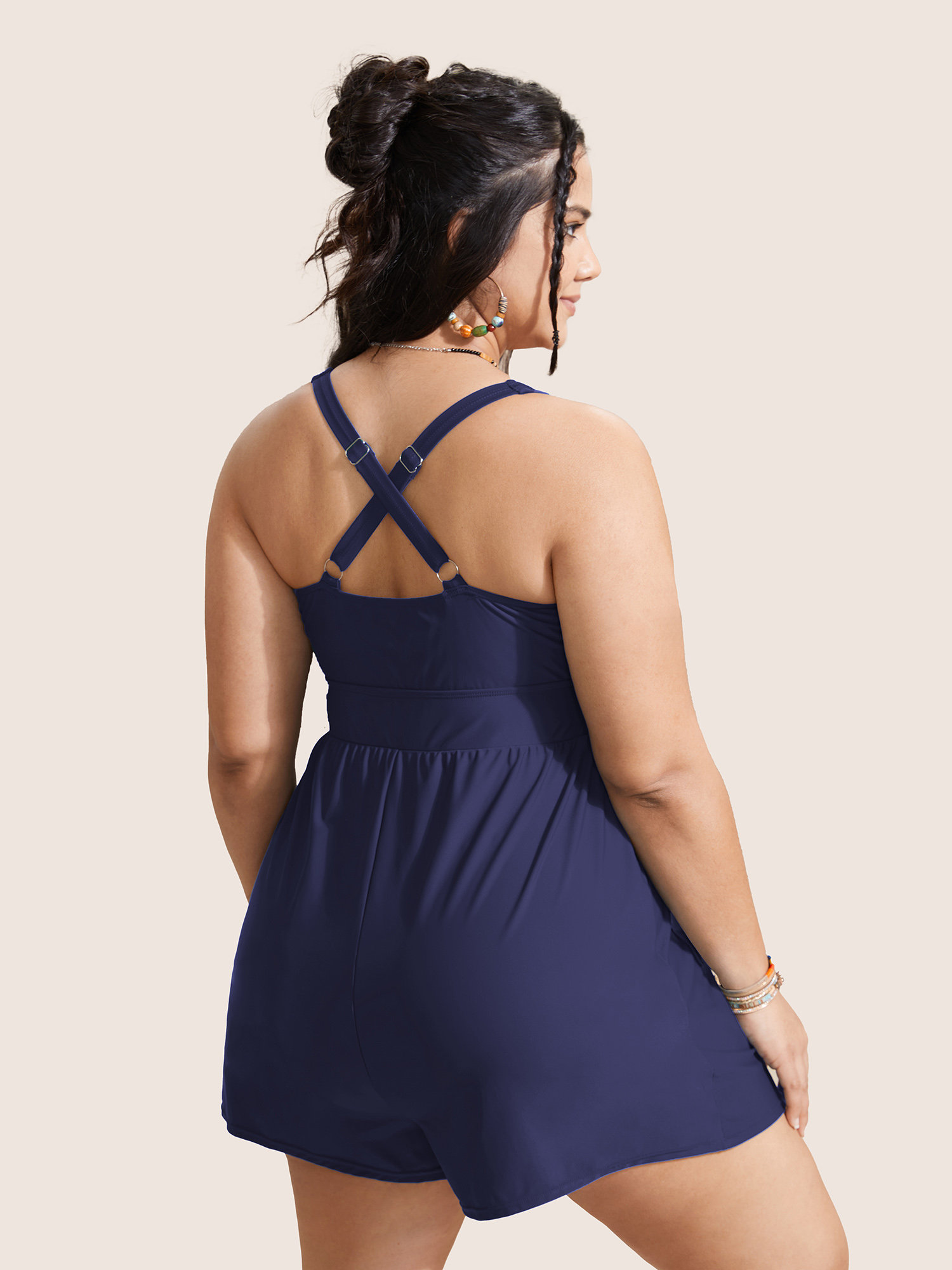 Plus Size Plain Patched Pocket Drawstring One Piece Swimsuit Women`s Swimwear Indigo Beach Gathered Curve Bathing Suits High stretch One Pieces BloomChic 10/M 