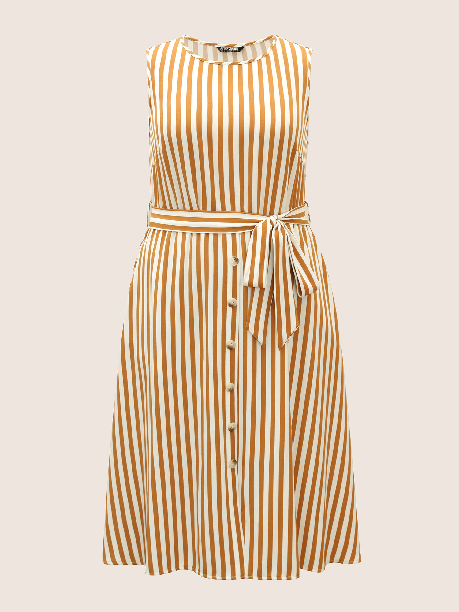 

Plus Size Striped Sleeveless Button Detail Belted Midi Dress Wheat Women Belted Round Neck Sleeveless Curvy BloomChic