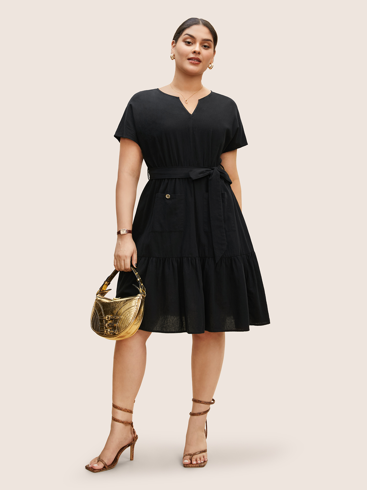 

Plus Size Solid Patched Pocket Belted Batwing Sleeve Dress Black Women Belted Notched collar Short sleeve Curvy BloomChic
