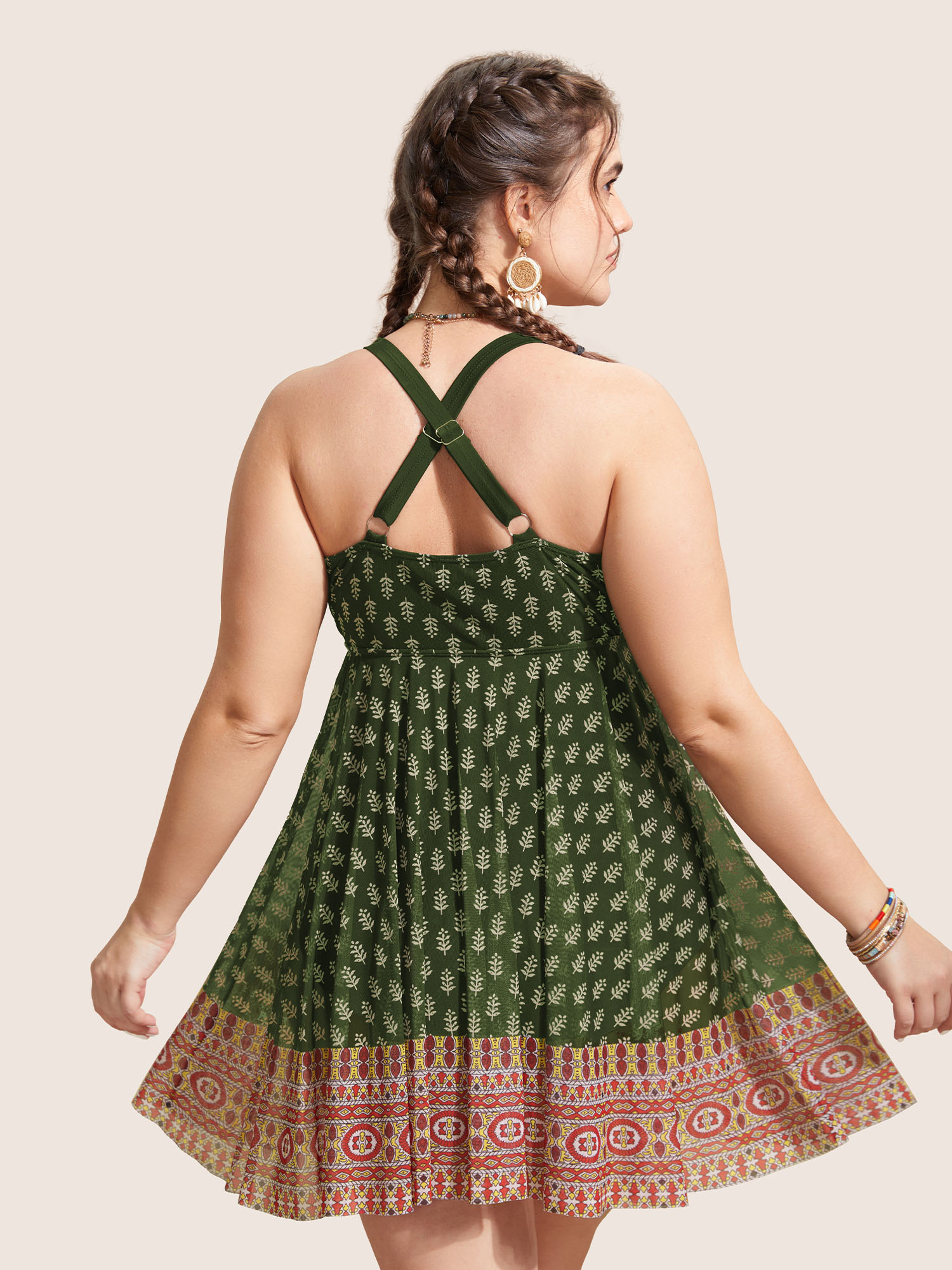 

Plus Size Overlap Collar Boho Print Patchwork Swim Dress Women's Swimwear ArmyGreen Beach Bodycon Overlap Collar High stretch Curve Swim Dresses BloomChic