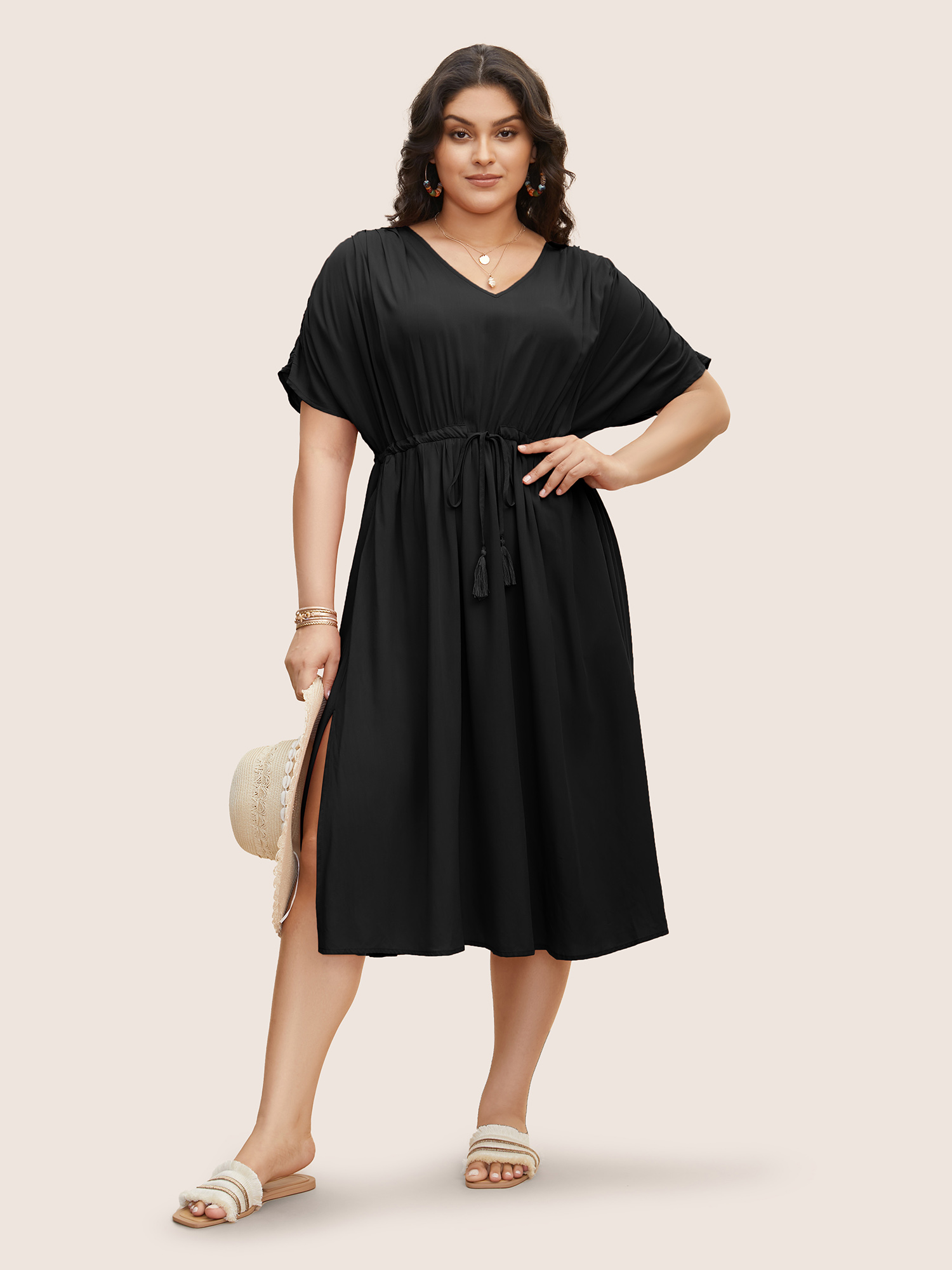 

Plus Size Solid Drawstring Gathered Dolman Sleeve Dress Black Women Resort Gathered V-neck Half Sleeve Curvy BloomChic