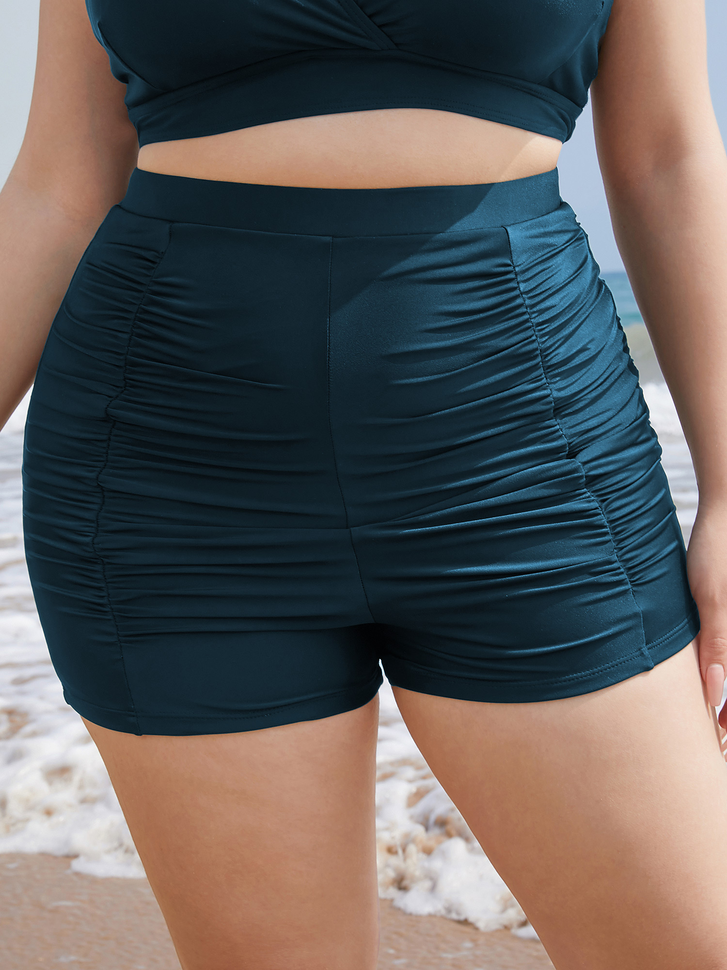 

Plus Size Solid High Waist Ruched Detail Swim Shorts Women's Swimwear Cyan Beach Gathered High stretch Skinny High Rise Curve Swim Bottoms BloomChic