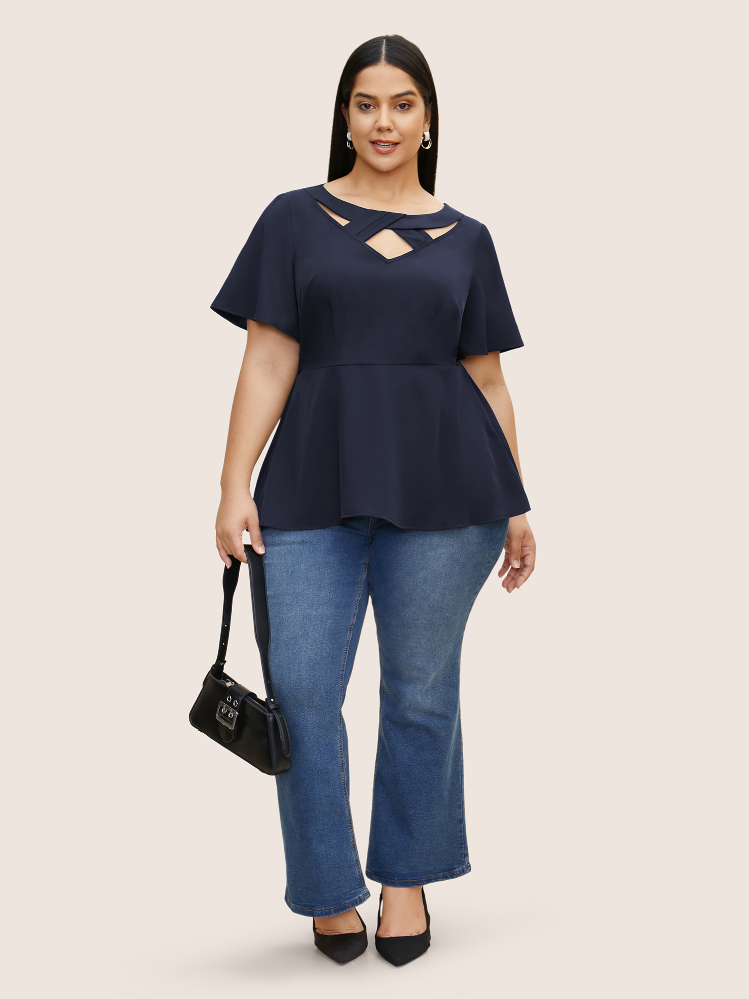 

Plus Size Midnight Plain Cut Out Gathered Flutter Sleeve Blouse Women Work From Home Short sleeve Round Neck Work Blouses BloomChic