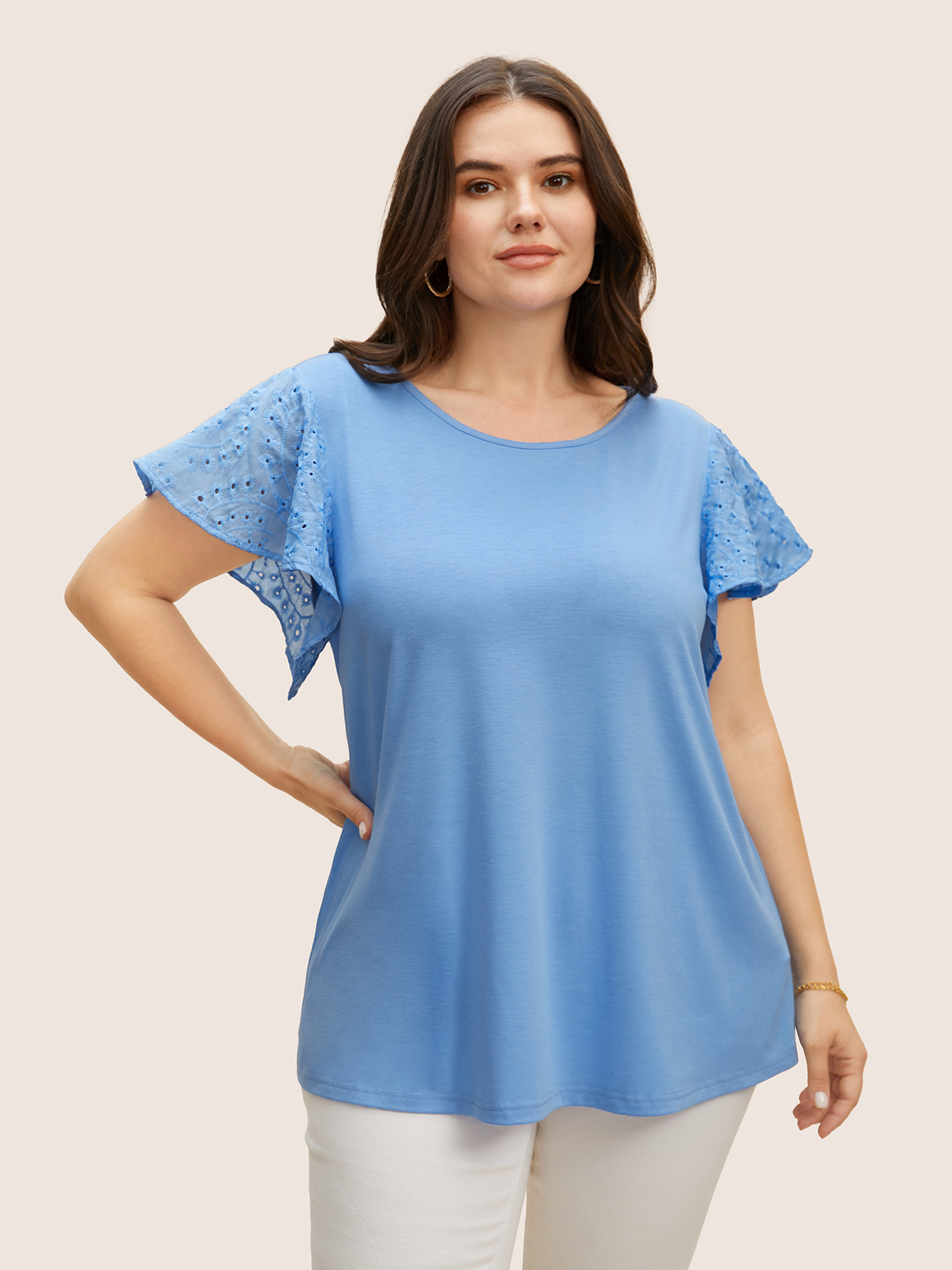 

Plus Size Solid Broderie Anglaise Ruffle Cap Sleeve T-shirt Bluepurple Women Resort Cut-Out Round Neck Vacation T-shirts BloomChic