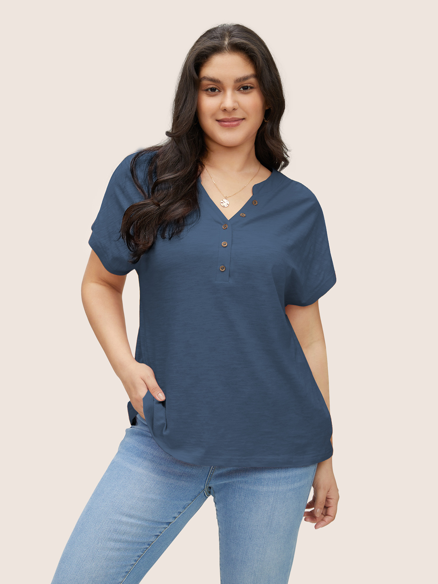 

Plus Size Cotton Solid Notched Dolman Sleeve T-shirt Mediumblue Women Casual Non Plain Notched collar Everyday T-shirts BloomChic
