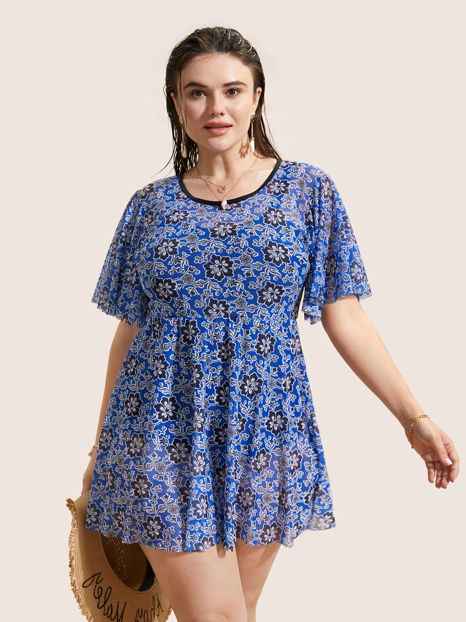 

Plus Size Ditsy Floral Ruffle Sleeve Cut Out Swim Dress Women's Swimwear Mediumblue Beach Bodycon Round Neck High stretch Curve Swim Dresses BloomChic