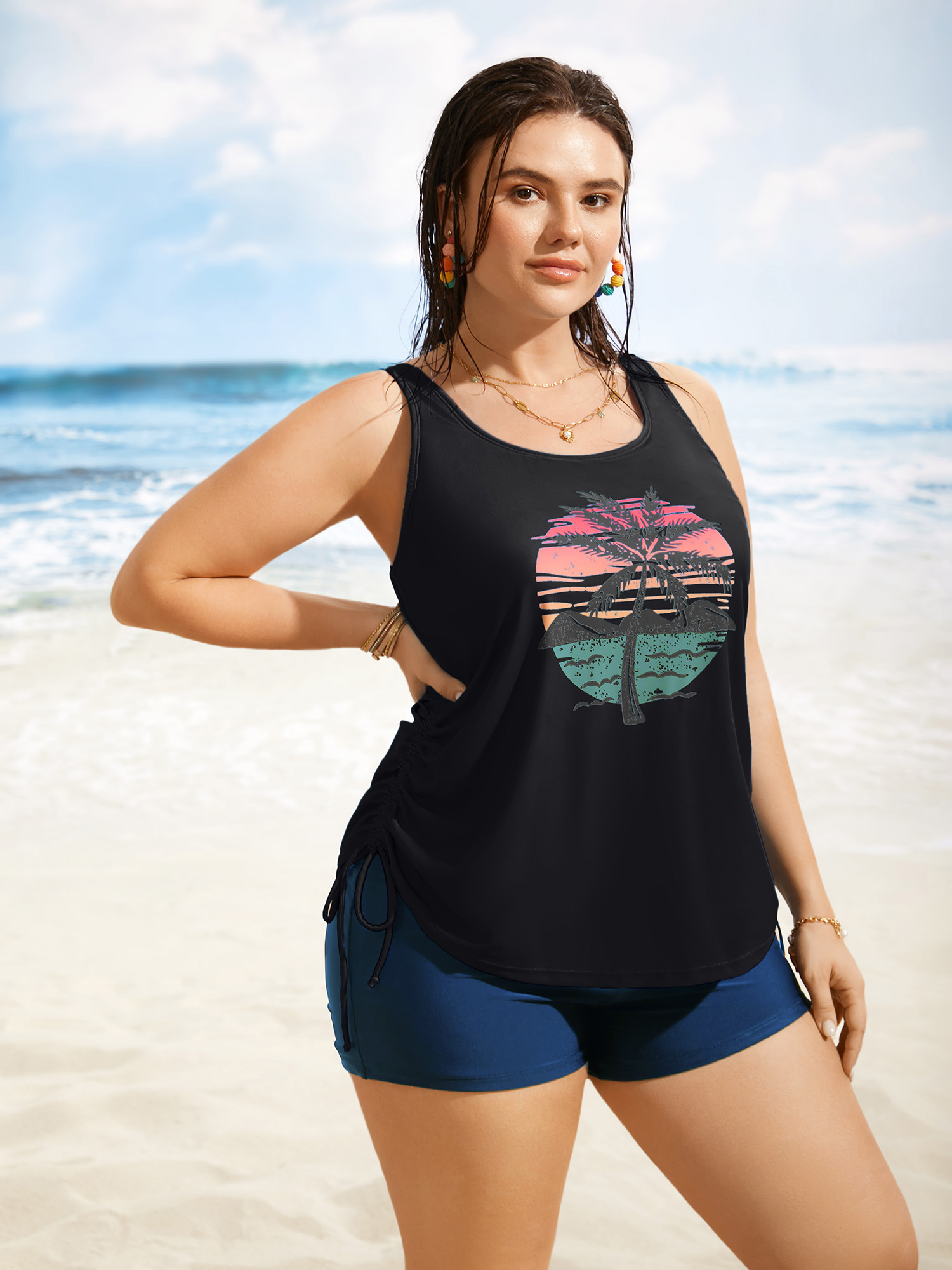 

Plus Size Crew Neck Contrast Tropical Print Drawstring Swim Top Women's Swimwear Black Beach Contrast High stretch Loose U-neck Curve Swim Tops BloomChic