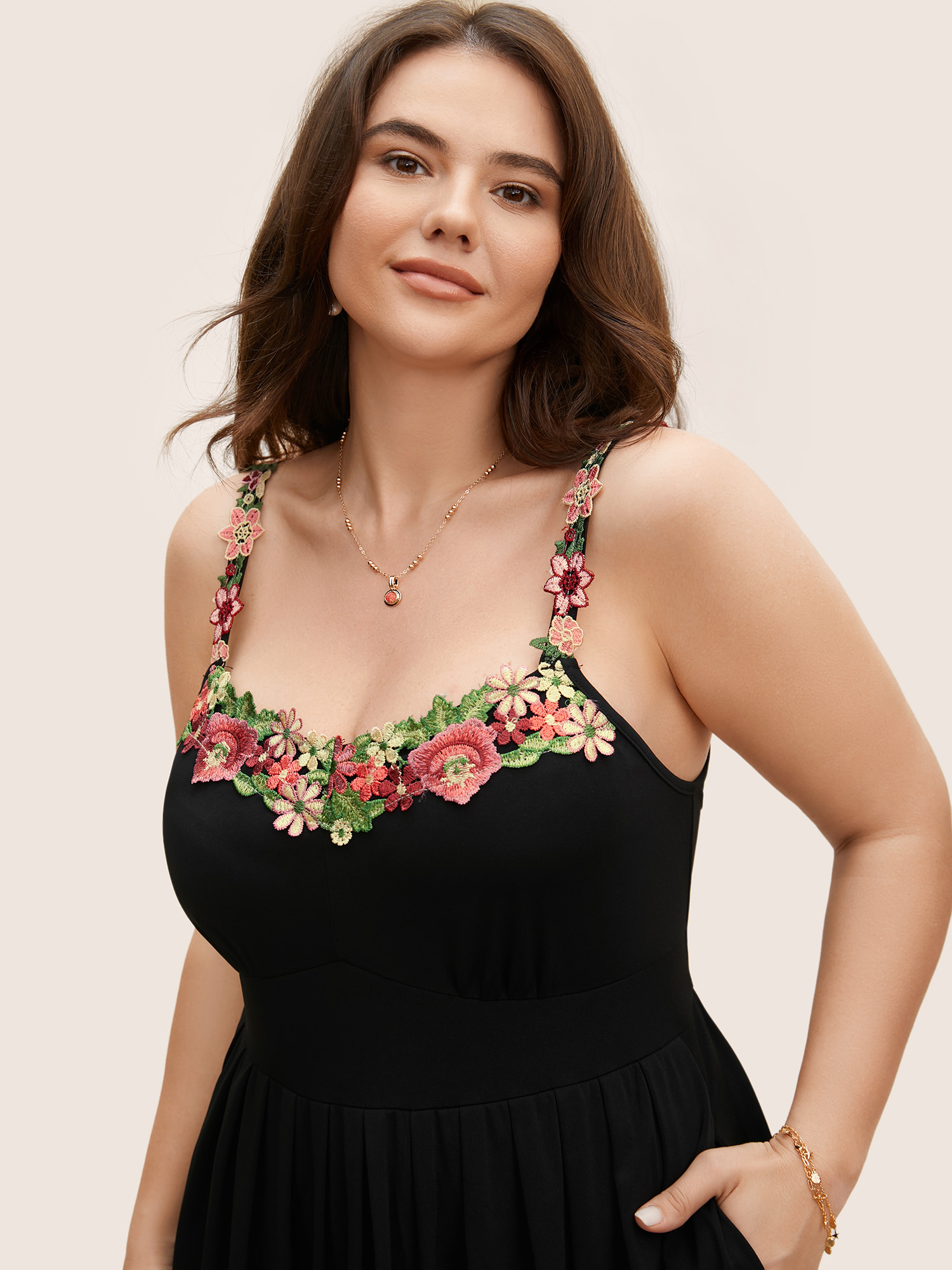 

Plus Size Floral Embroidered Pocket Midi Cami Dress Black Women Embroidered Heart neckline Sleeveless Curvy BloomChic