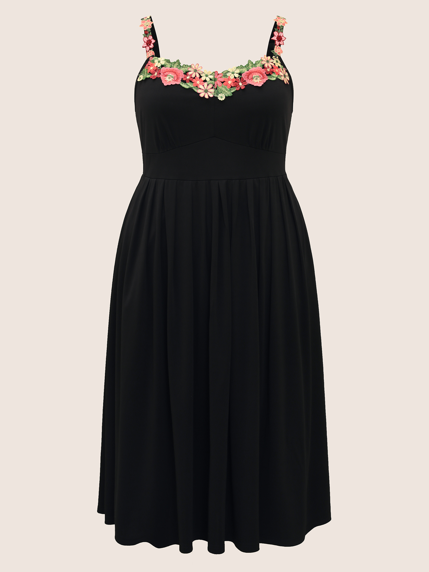 

Plus Size Floral Embroidered Pocket Midi Cami Dress Black Women Elegant Embroidered Heart neckline Sleeveless Curvy BloomChic