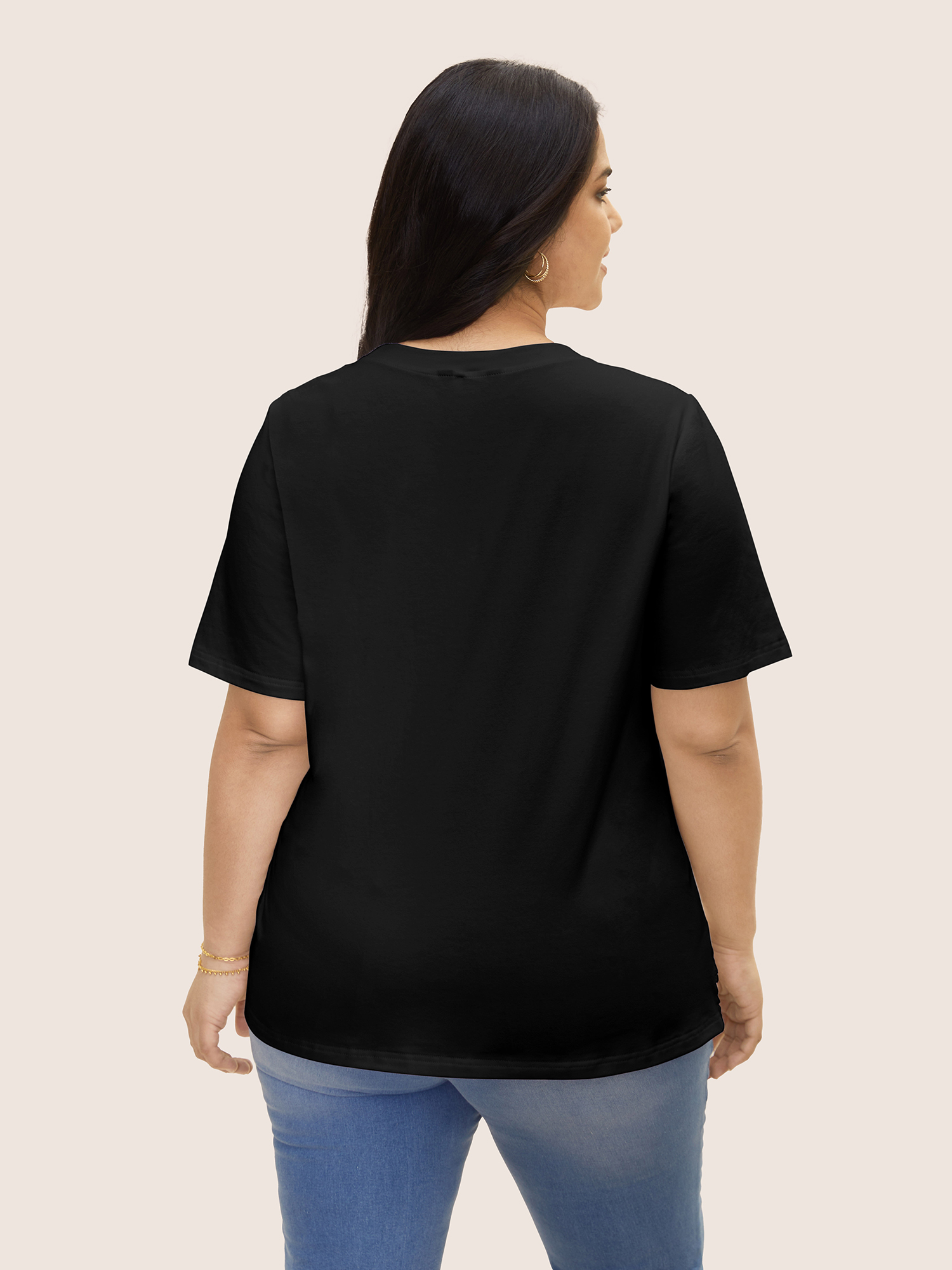 Plus Size Crew Neck Flower Lace Patchwork T-shirt Black Women Elegant Patchwork Round Neck Everyday T-shirts BloomChic 22-24/3X 