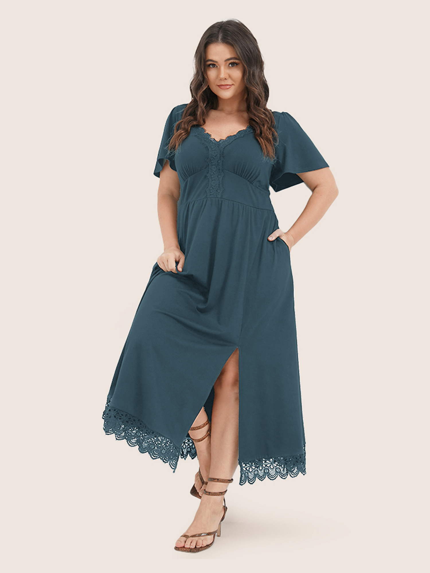 

Plus Size Solid Pocket Contrast Lace Split Maxi Dress Aegean Women Patchwork V-neck Short sleeve Curvy Long Dress BloomChic