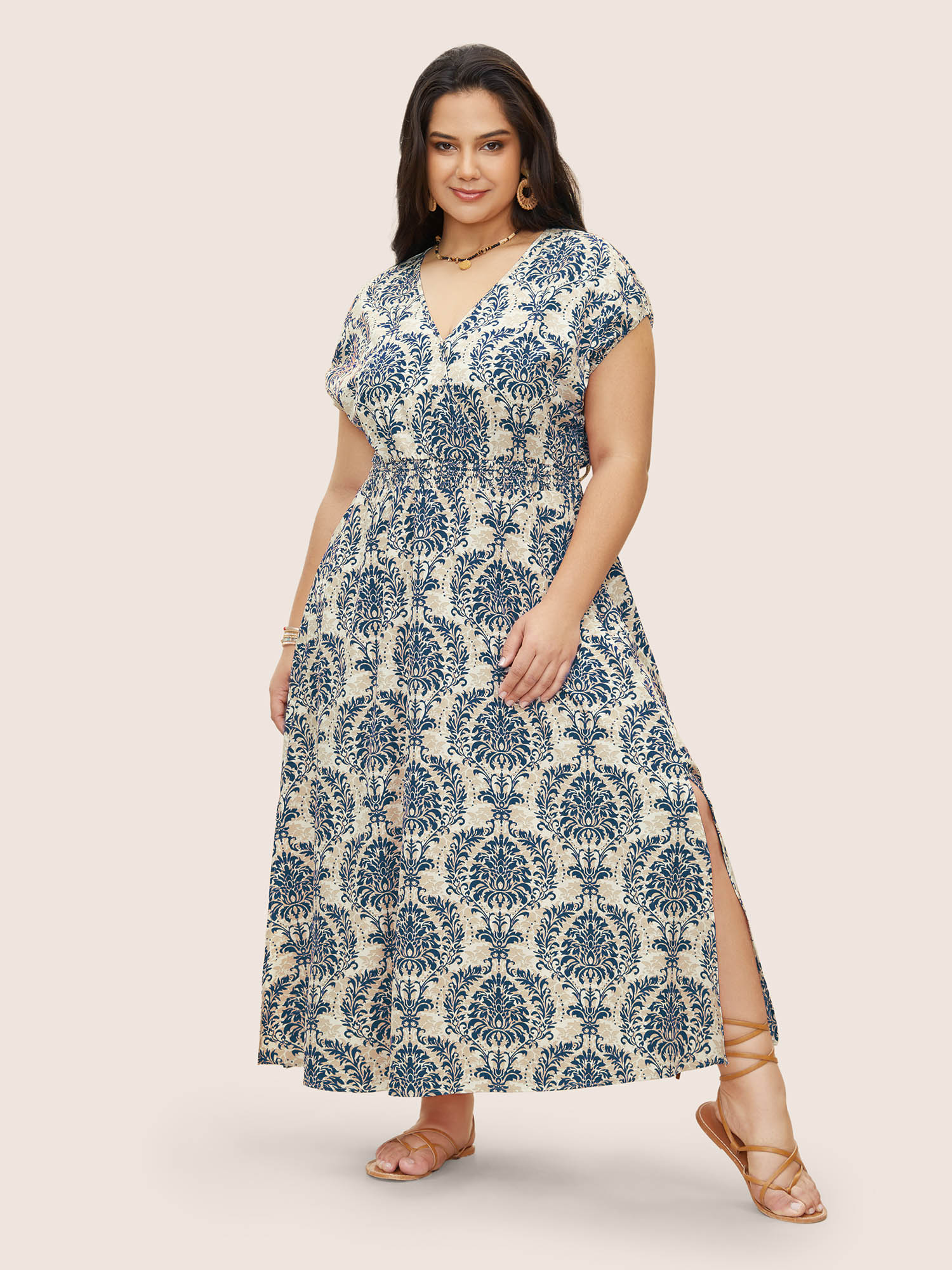 

Plus Size Moroccan Print Shirred Slit Hem Dress DarkBlue Women Slit V-neck Cap Sleeve Curvy Long Dress BloomChic