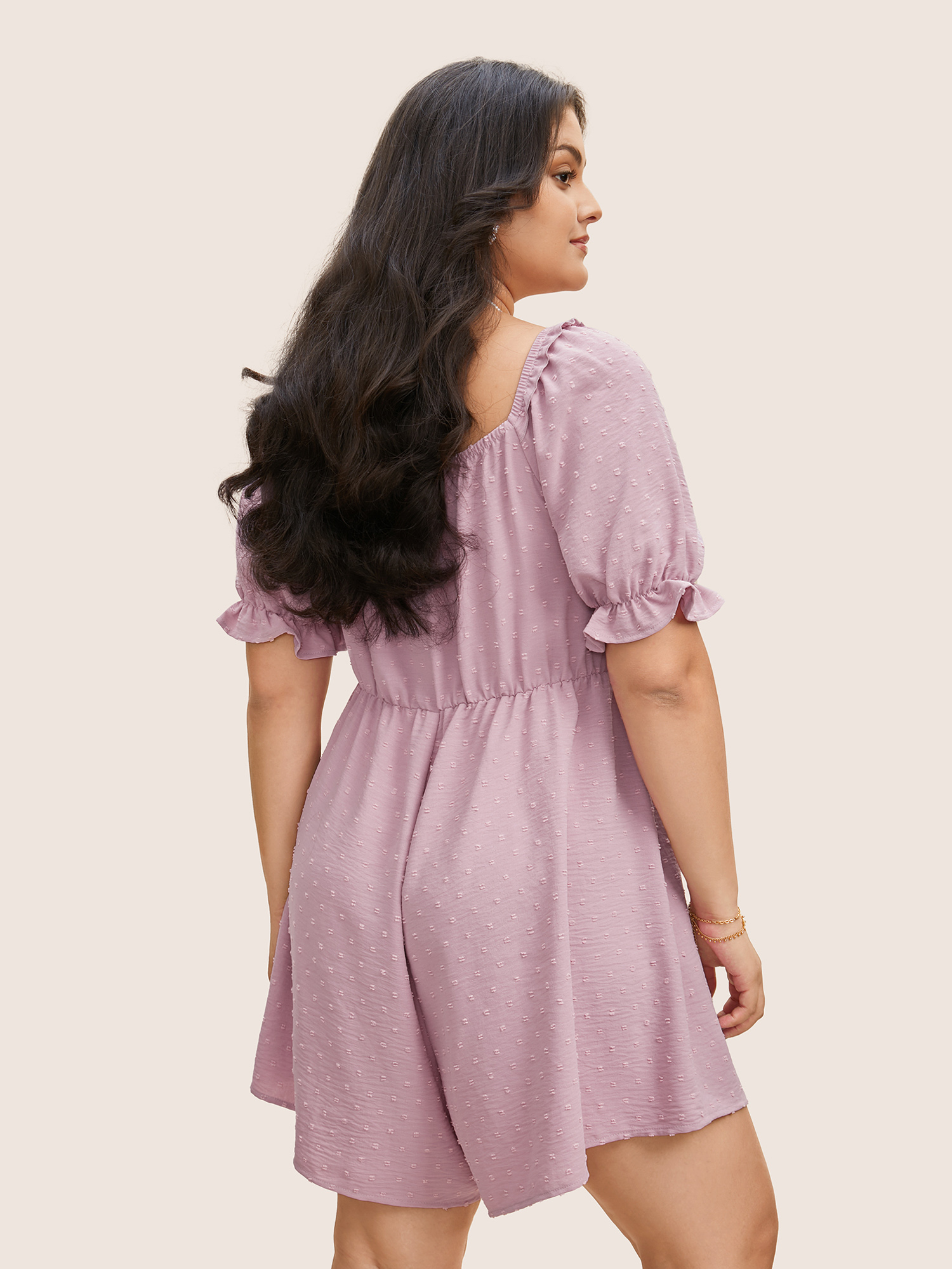 

Plus Size Plain Textured Shirred Frill Trim Romper Lilac Side seam pocket Elegant Everyday  Rompers Bloomchic