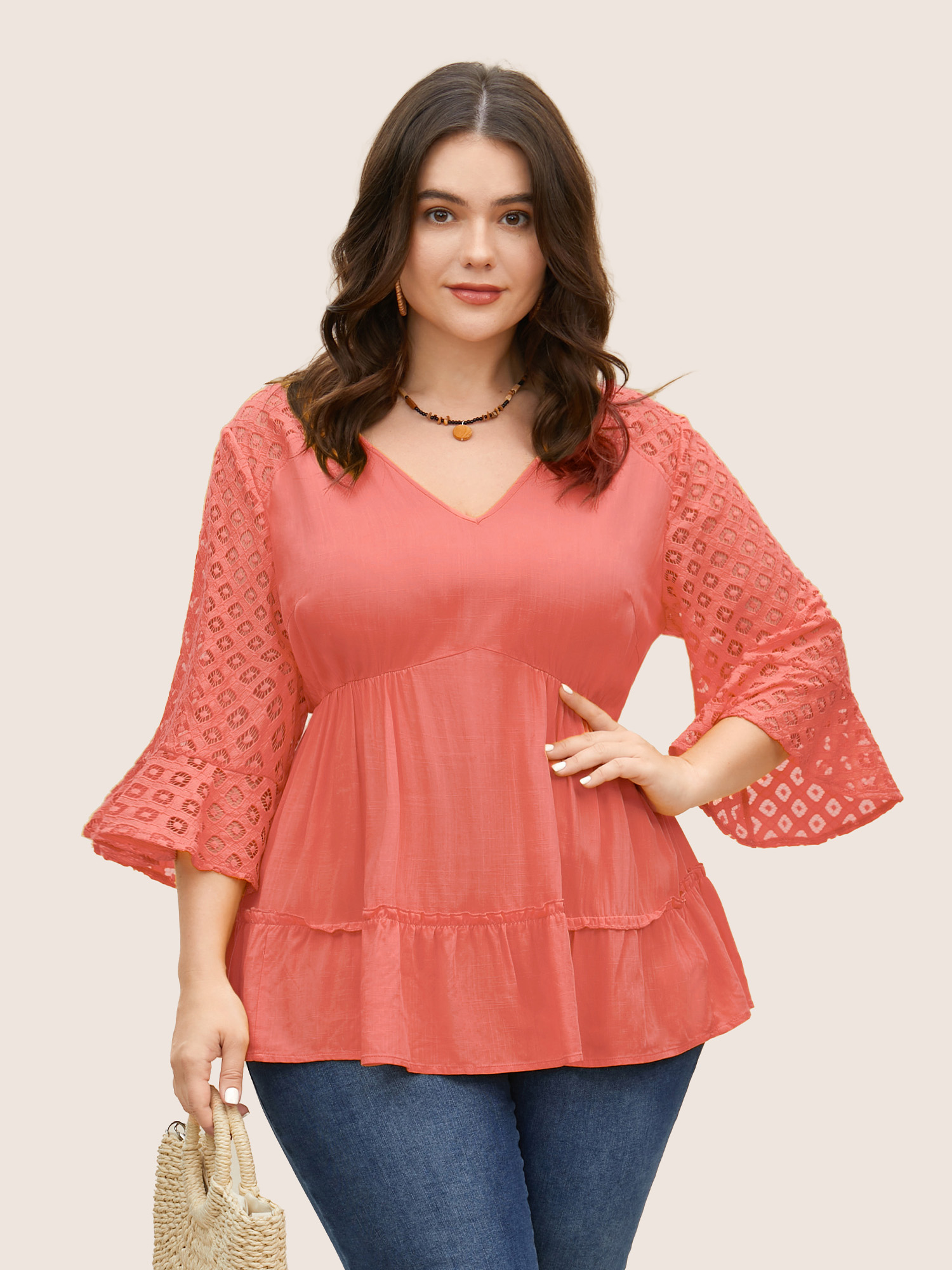 

Plus Size OrangeRed Solid Patchwork Ruffles Raglan Sleeve Blouse Women Resort Elbow-length sleeve V-neck Vacation Blouses BloomChic