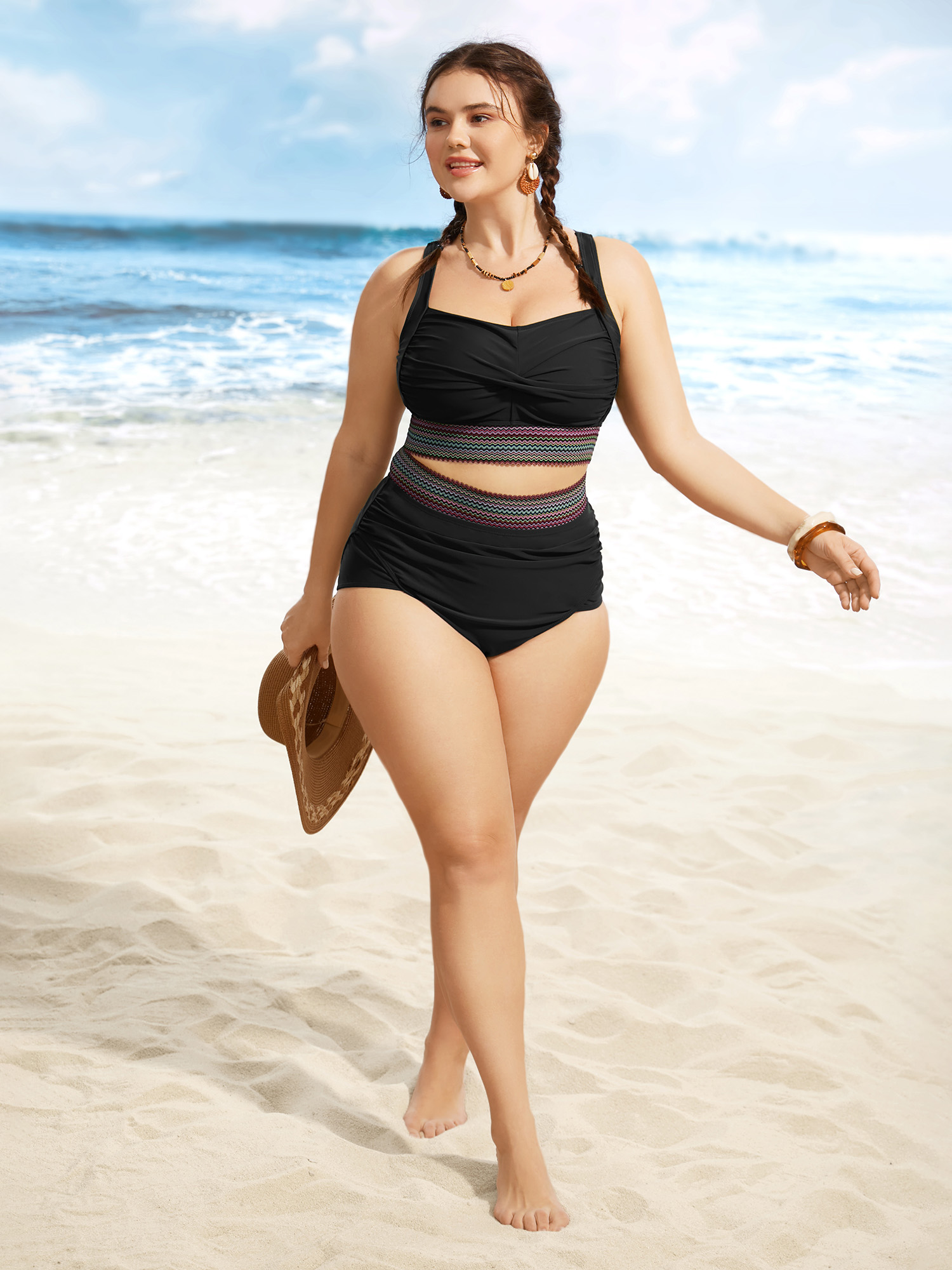 Plus Size Twist Front Patchwork Woven Ribbon Swim Top Women`s Swimwear Black Beach Woven ribbon&lace trim High stretch Skinny Heart neckline Curve Swim Tops BloomChic 28/5X 