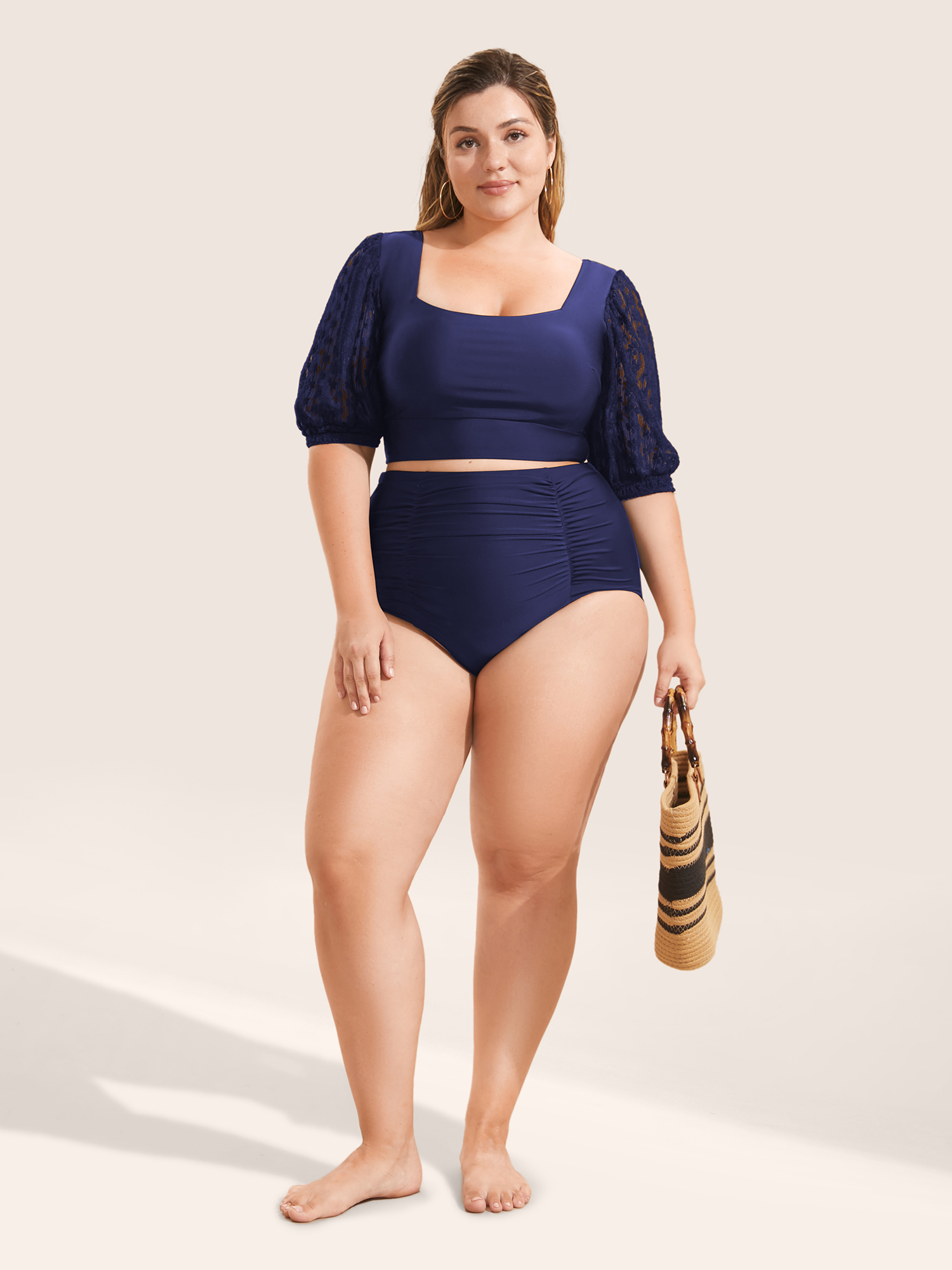 

Plus Size Square Neck Patchwork See Through Swim Top Women's Swimwear Indigo Beach See through High stretch Skinny Square Neck Curve Swim Tops BloomChic