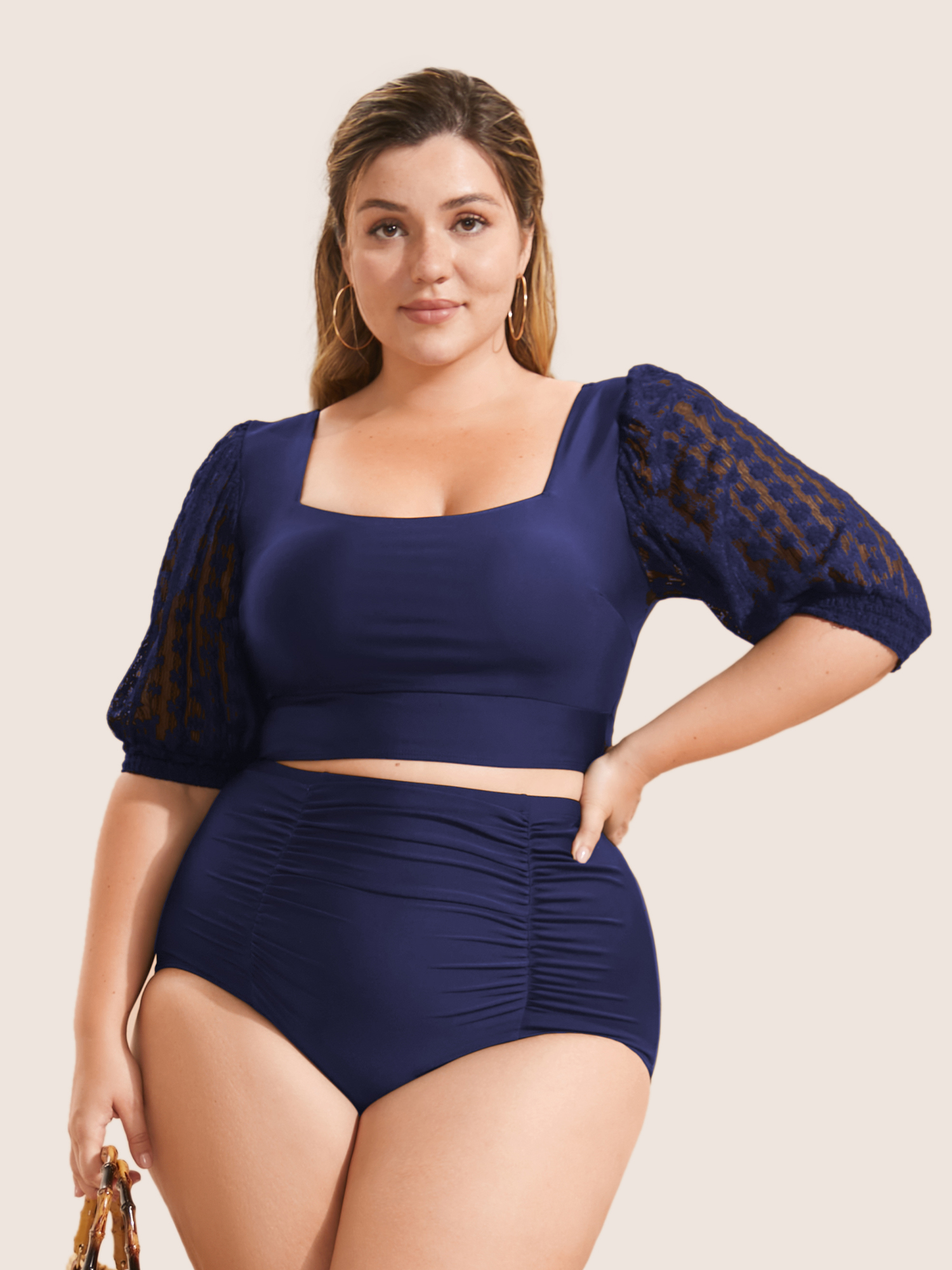 

Plus Size Square Neck Patchwork See Through Swim Top Women's Swimwear Indigo Beach See through High stretch Skinny Square Neck Curve Swim Tops BloomChic