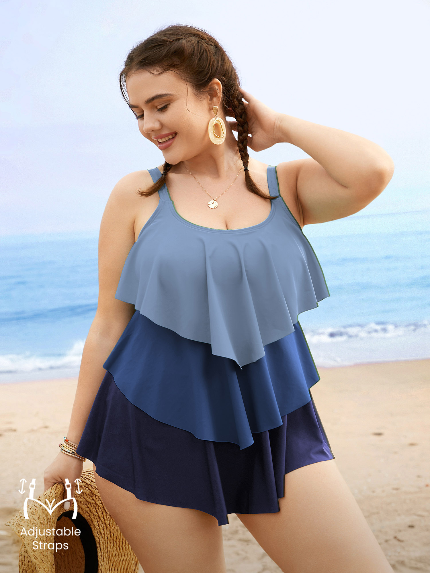 

Plus Size Colorblock Contrast Ruffle Layered Hem Tankini Top Women's Swimwear Indigo Beach Non High stretch Bodycon U-neck Curve Swim Tops BloomChic