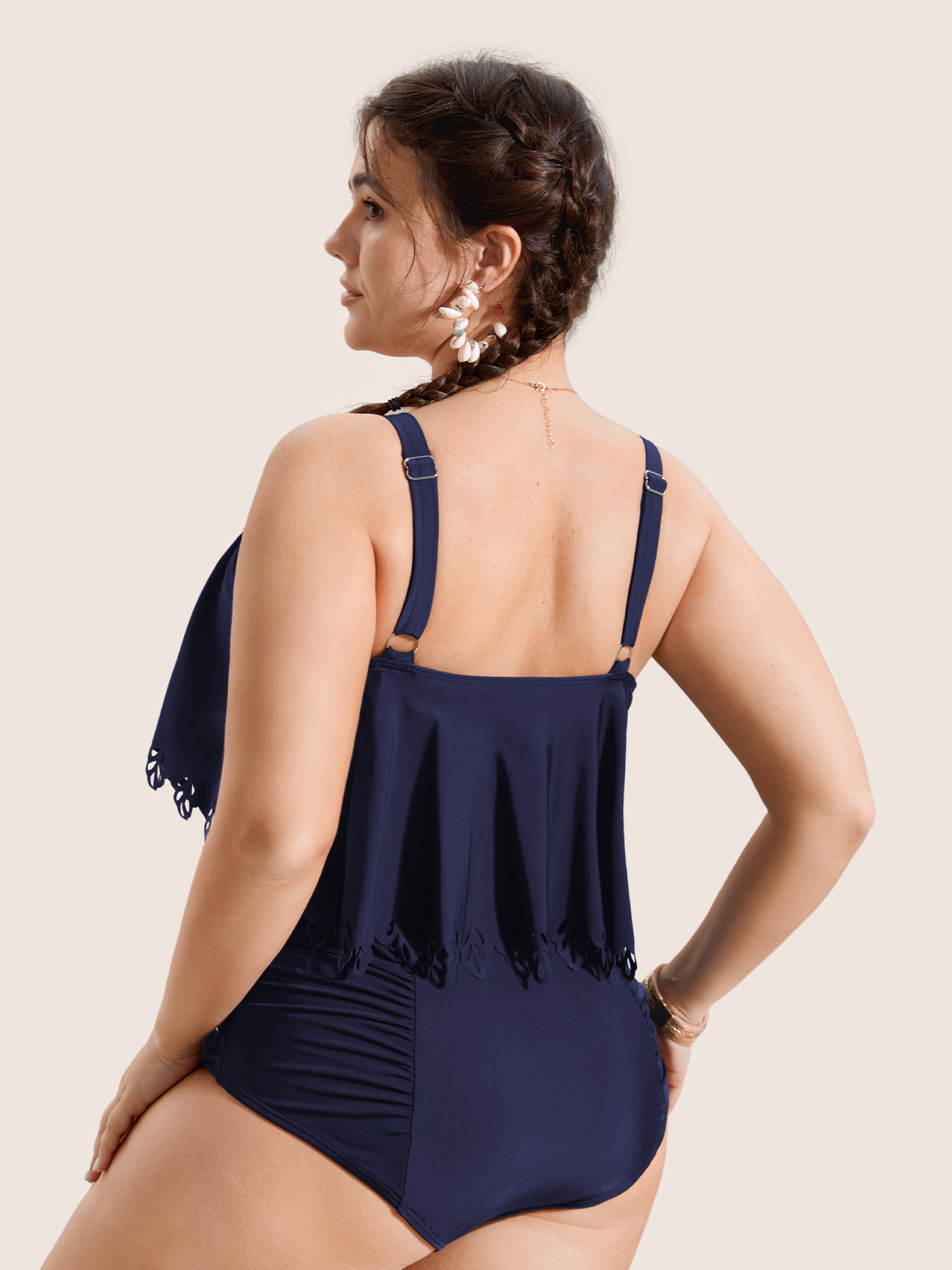 Plus Size Solid Ruffle Trim Laser Cut Swim Top Women`s Swimwear Indigo Beach Cut-Out High stretch Bodycon U-neck Curve Swim Tops BloomChic 14-16/1X 